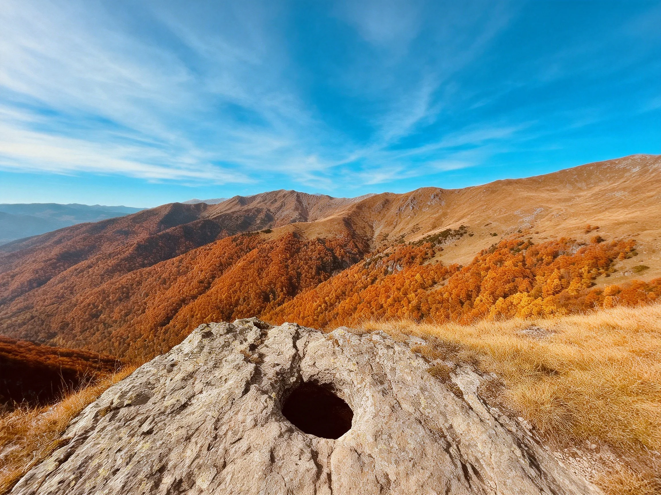 Autumnal hills with golden forests and a weathered rock formation
