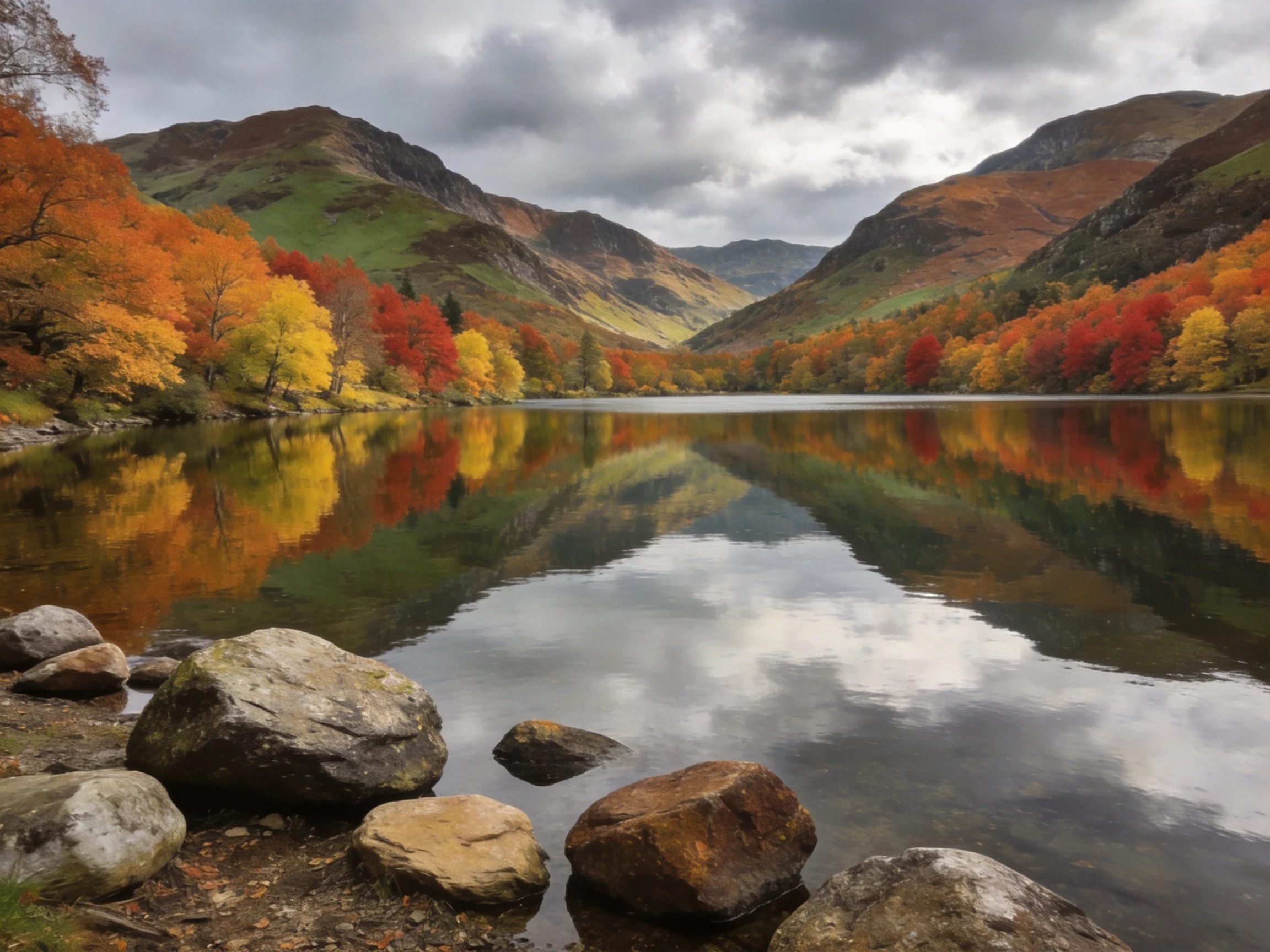 Autumnal lake reflects colorful trees and mountainous terrain