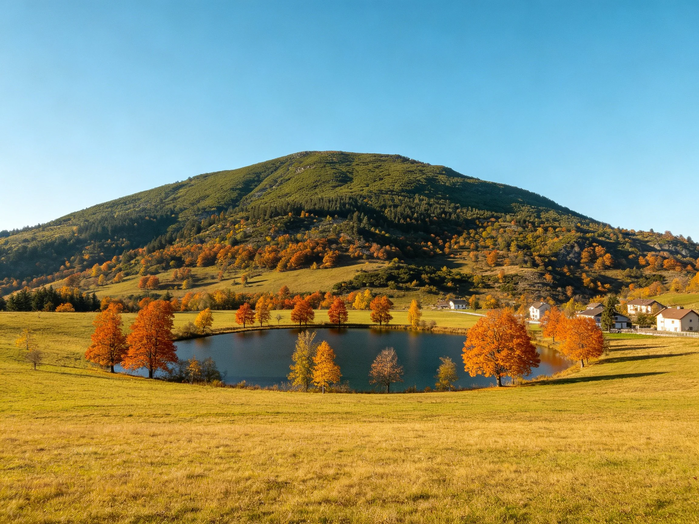 Autumnal landscape with a round lake, vibrant trees, and a green hill
