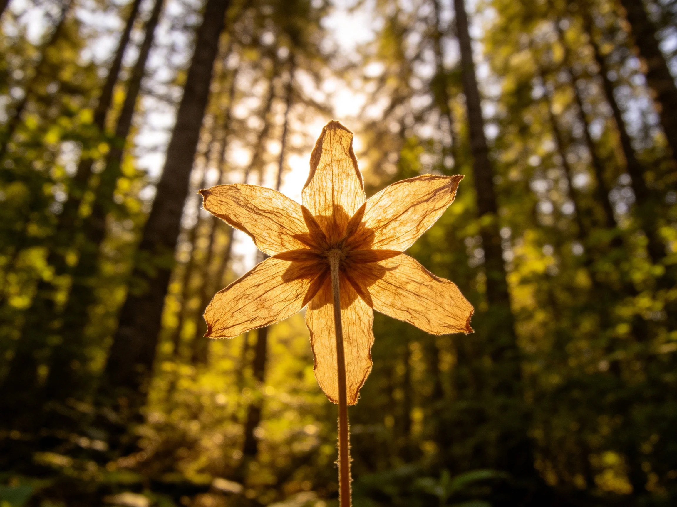 Backlit golden flower amid sunlit forest trees