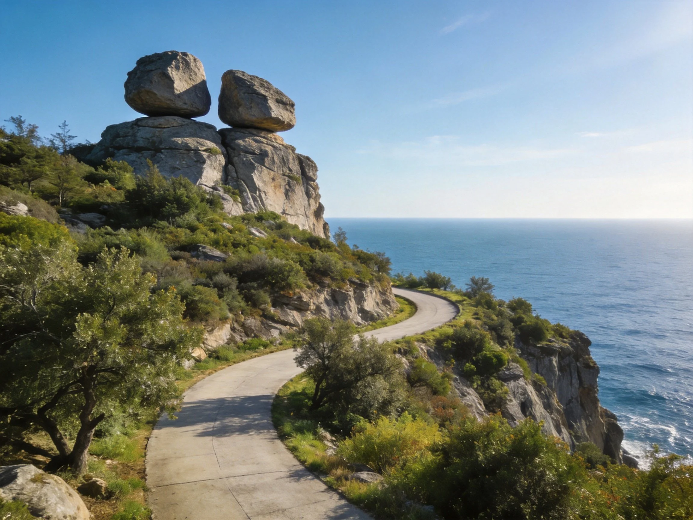 Balanced Boulders Overlooking Coastal Cliffside Road