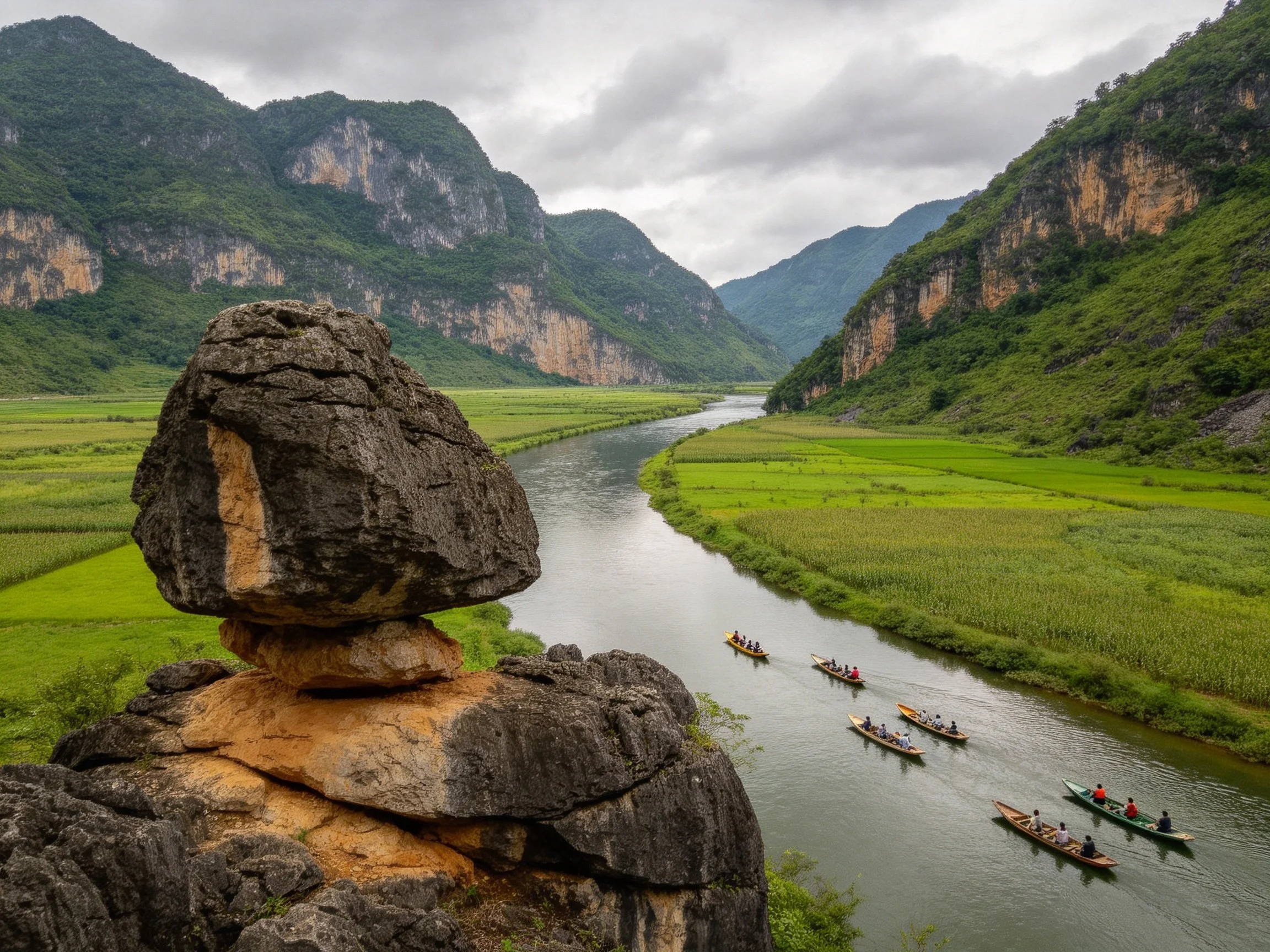 Balanced Rock Overlooking River With Canoes Among Lush Mountains