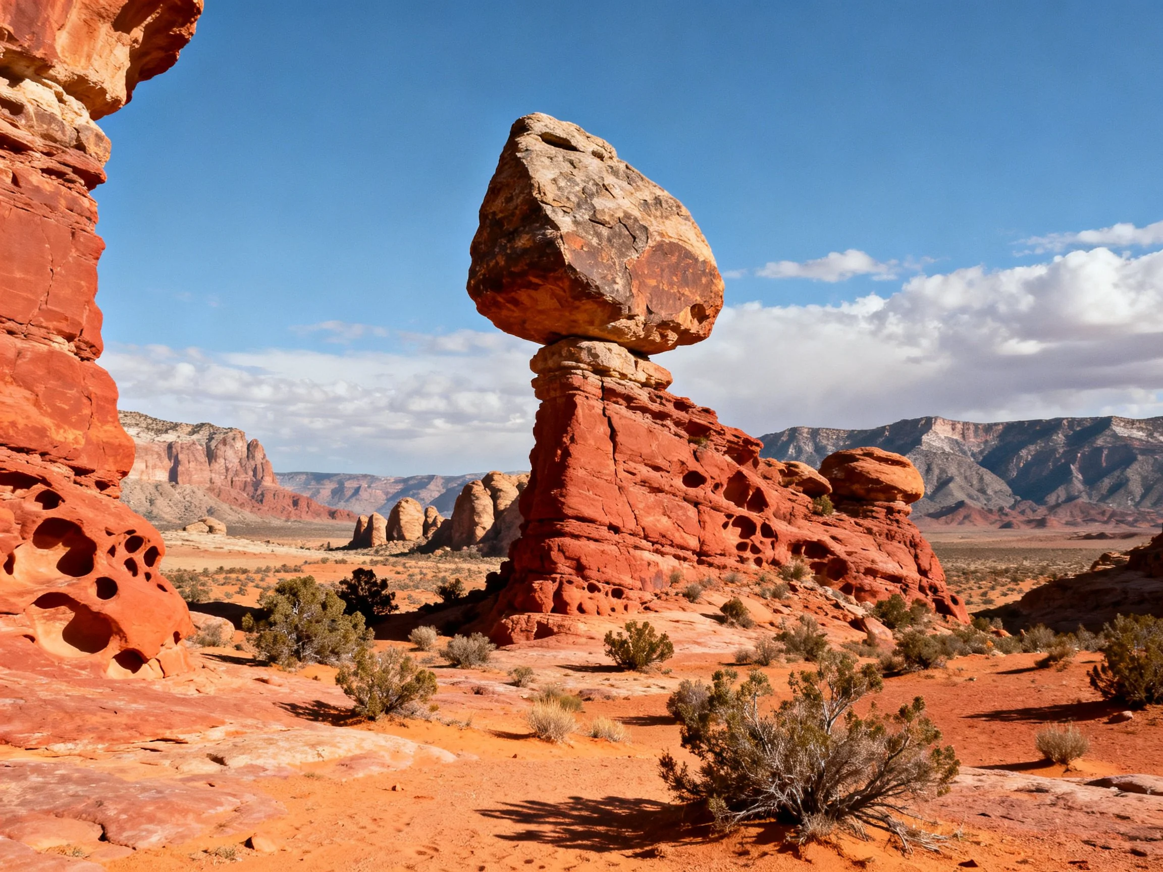 Balanced rock atop red sandstone in arid desert with distant mountains