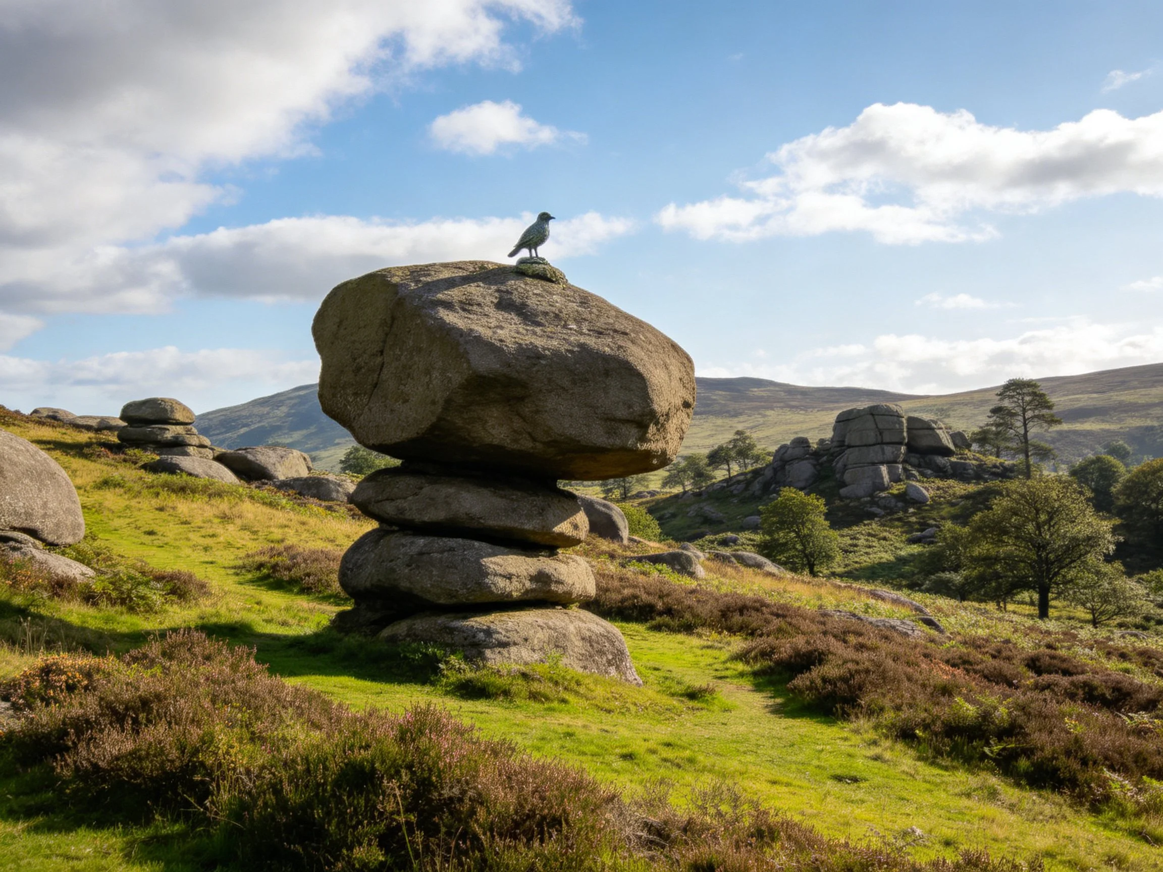 Balanced stone formations with bird perch in open moorland landscape