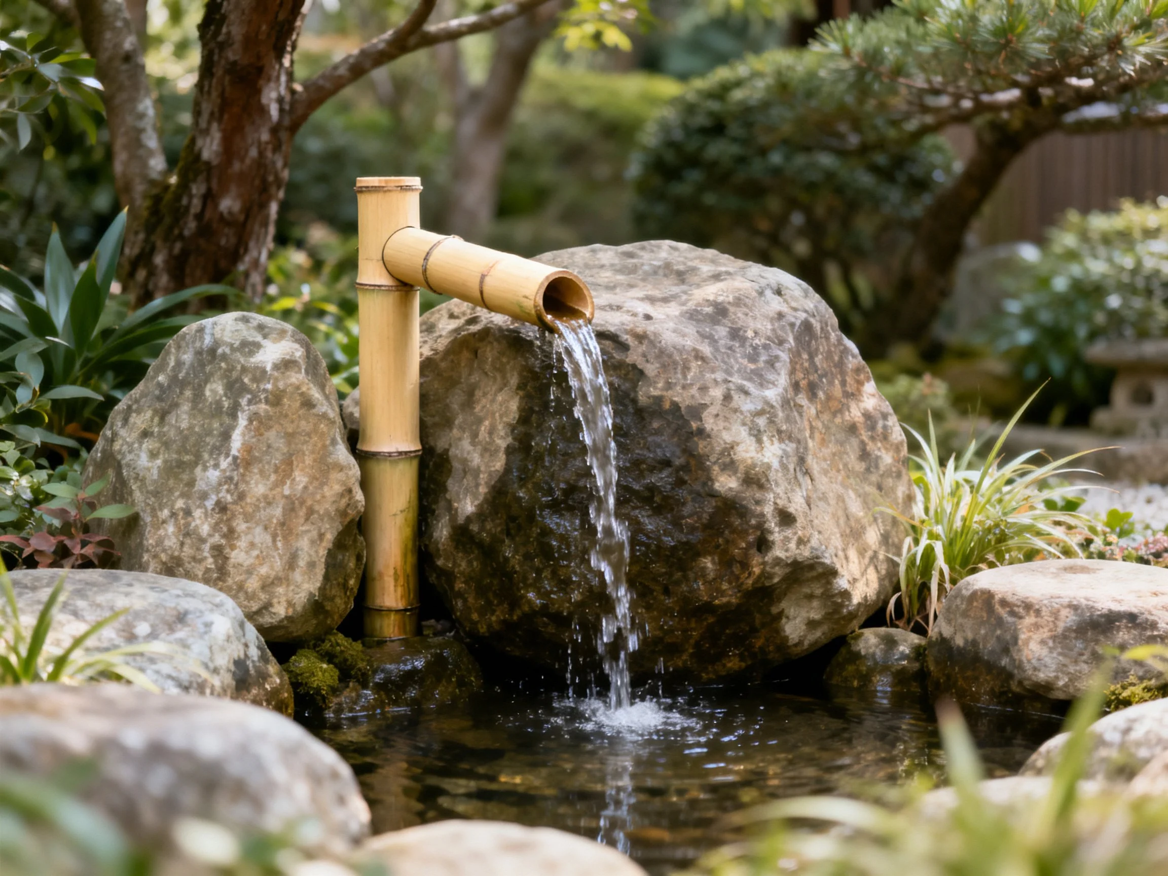 Bamboo fountain pouring water over large rocks in a serene garden