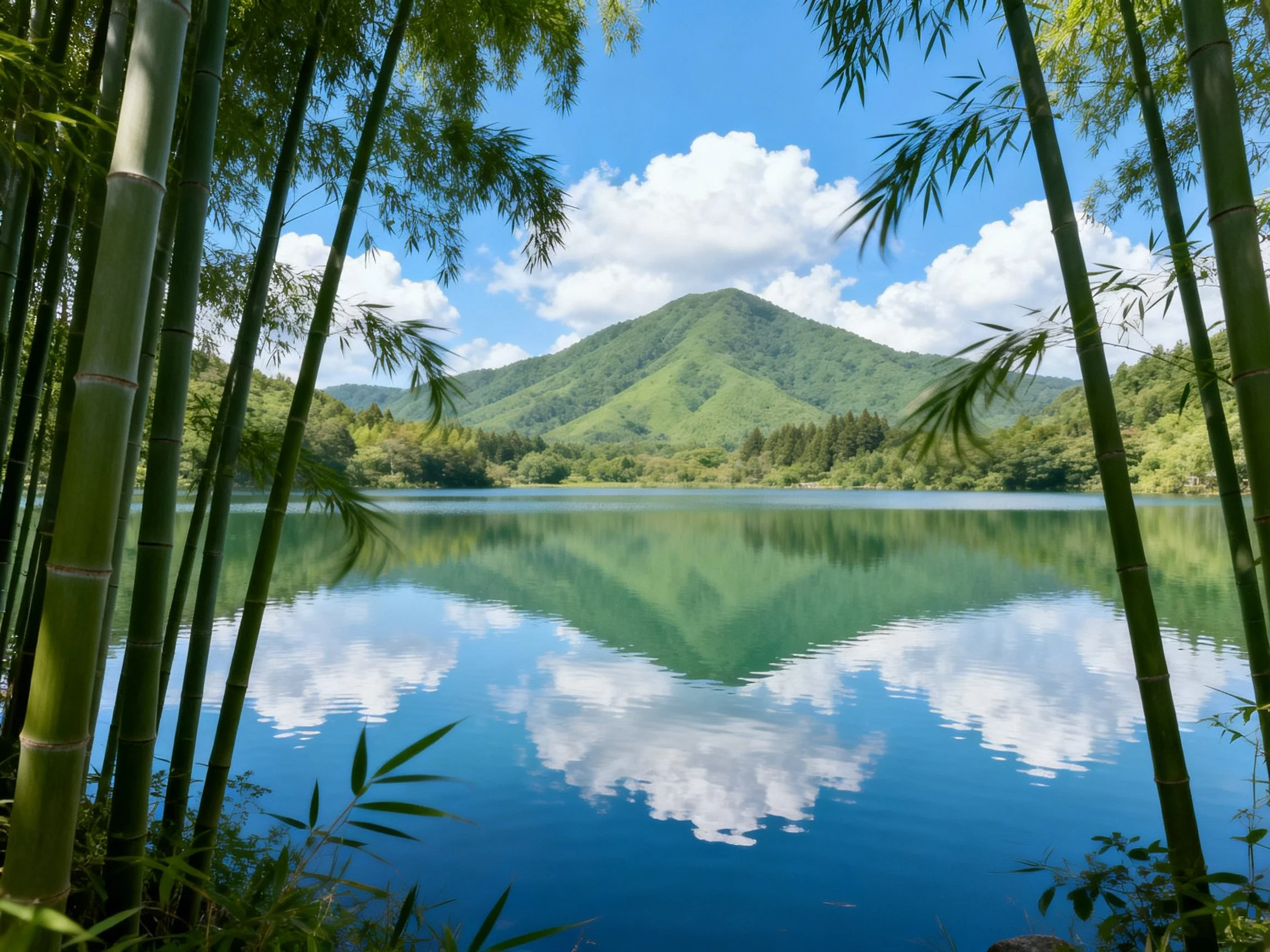 Bamboo - framed lake reflects green mountain and blue sky