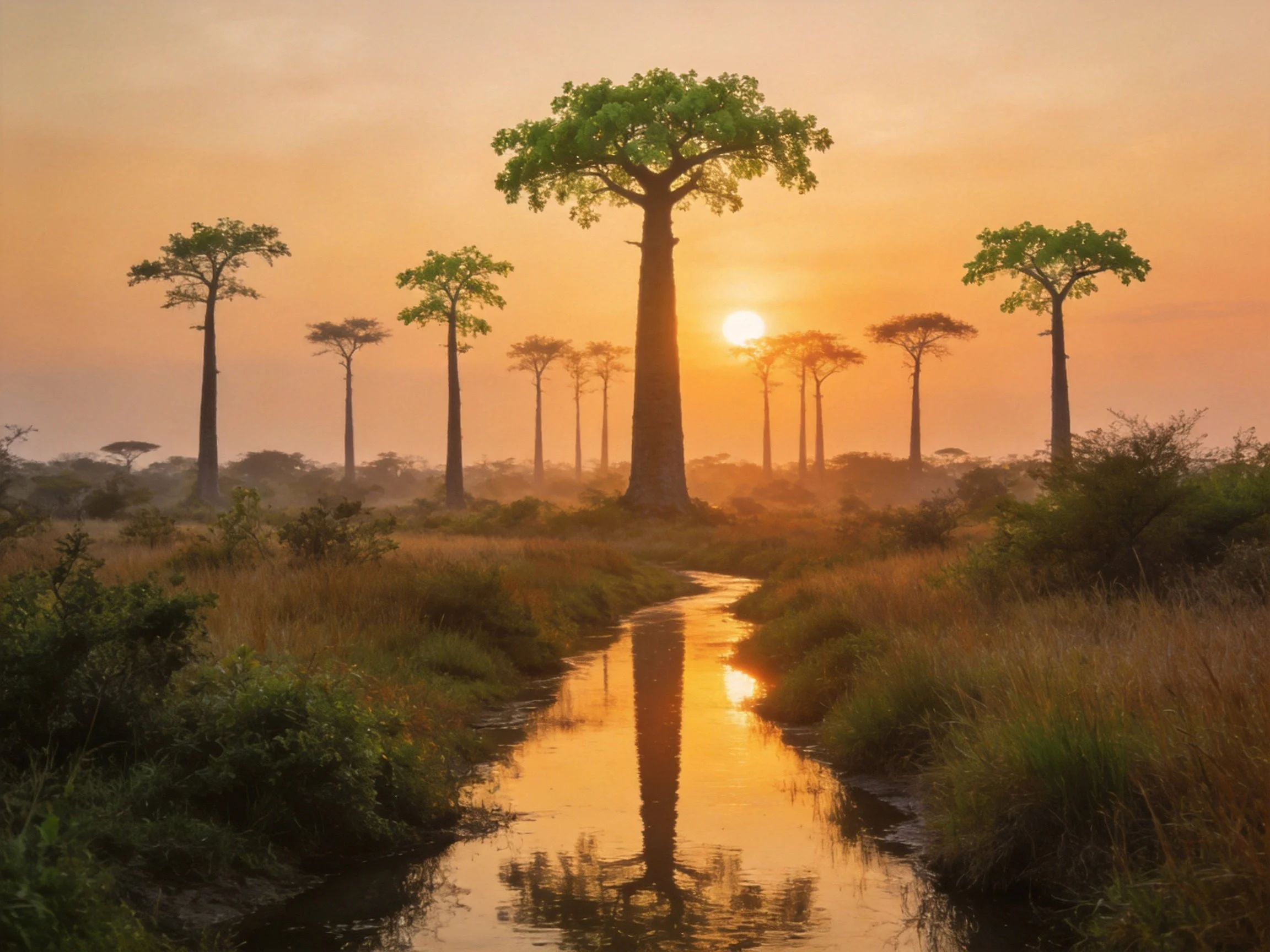 Baobab Forest Sunset with Golden Stream Reflections
