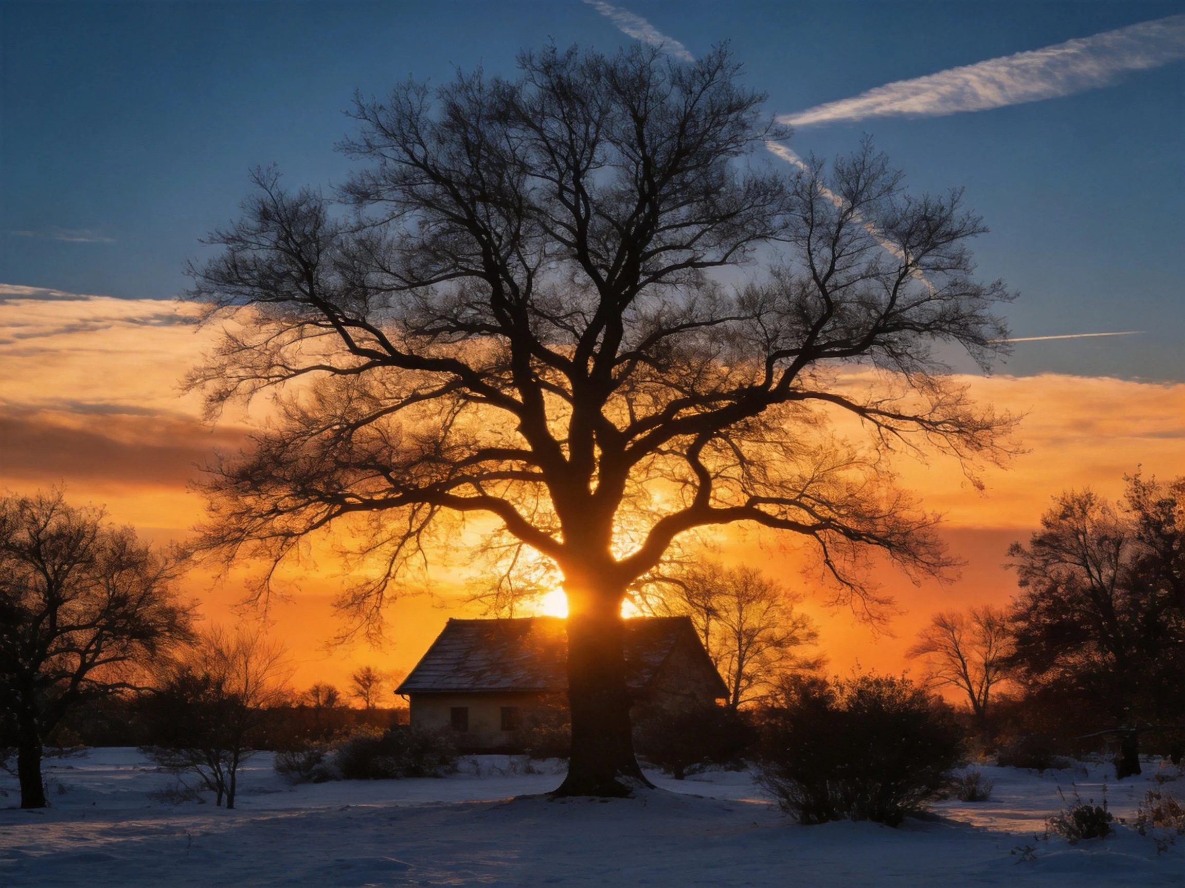 Bare oak tree silhouetted by golden sunset over snowy landscape
