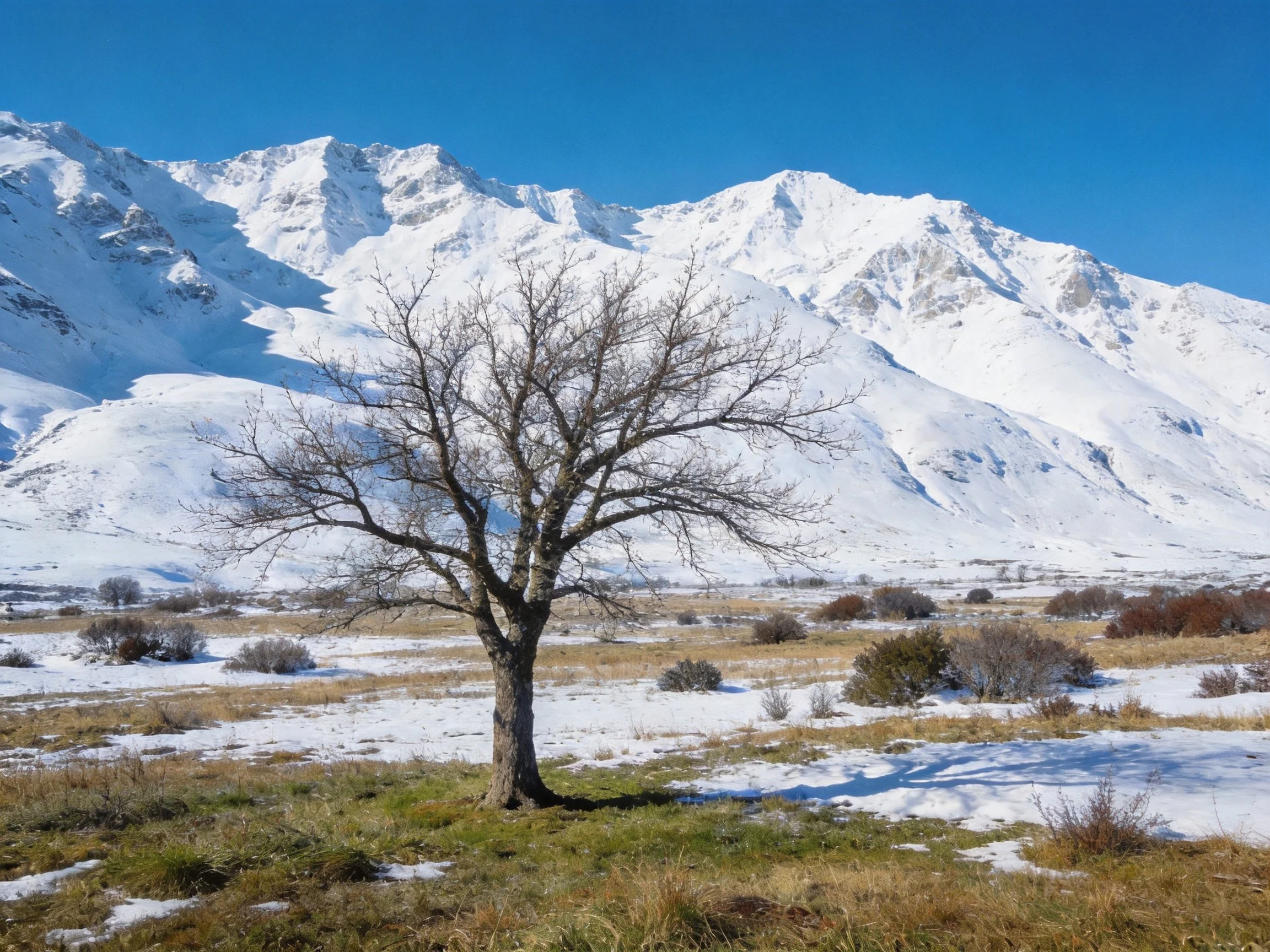 Bare tree amid partially snow-covered terrain with grand snow-capped mountains