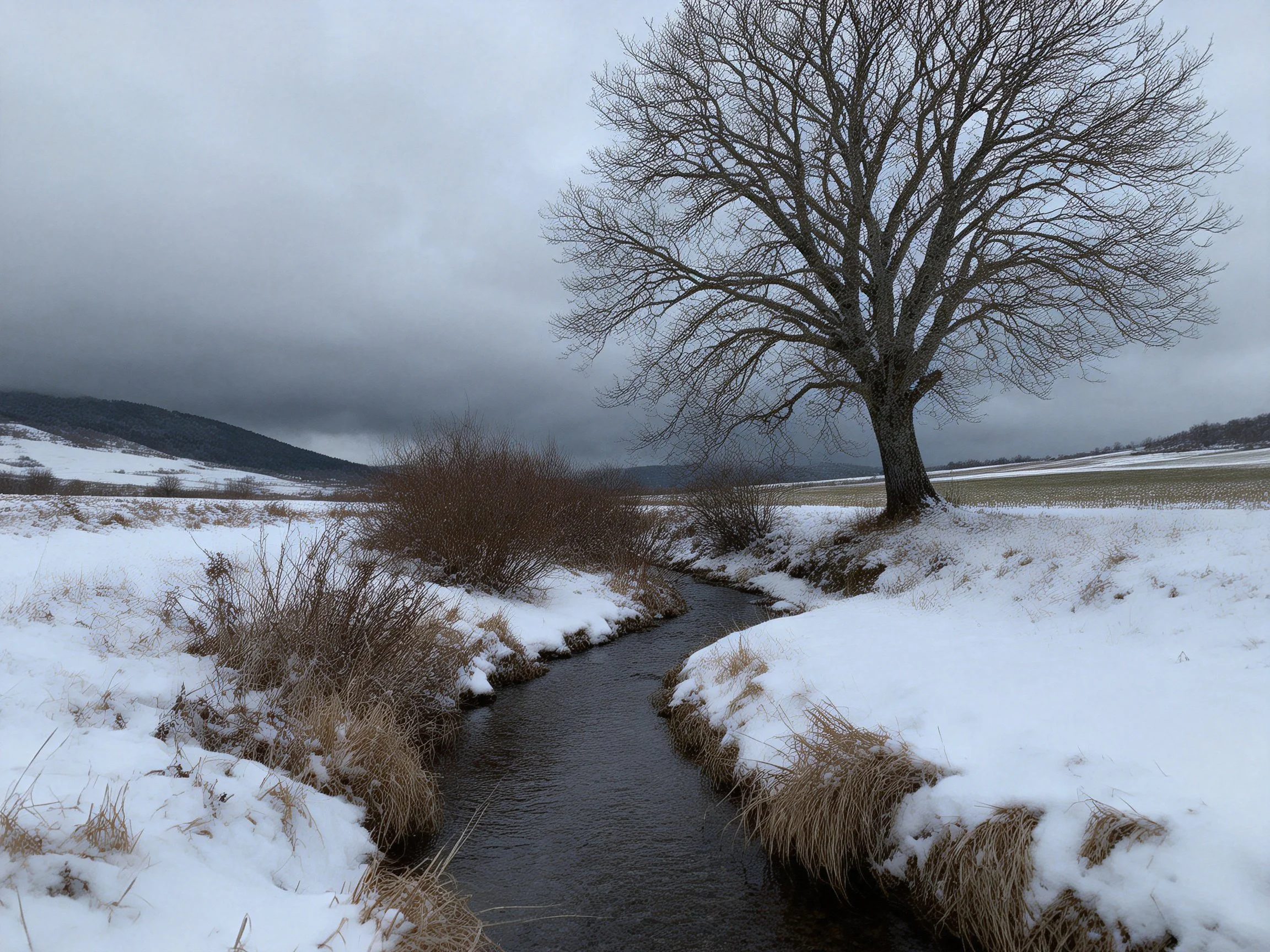 Bare tree by snow-lined stream under overcast sky