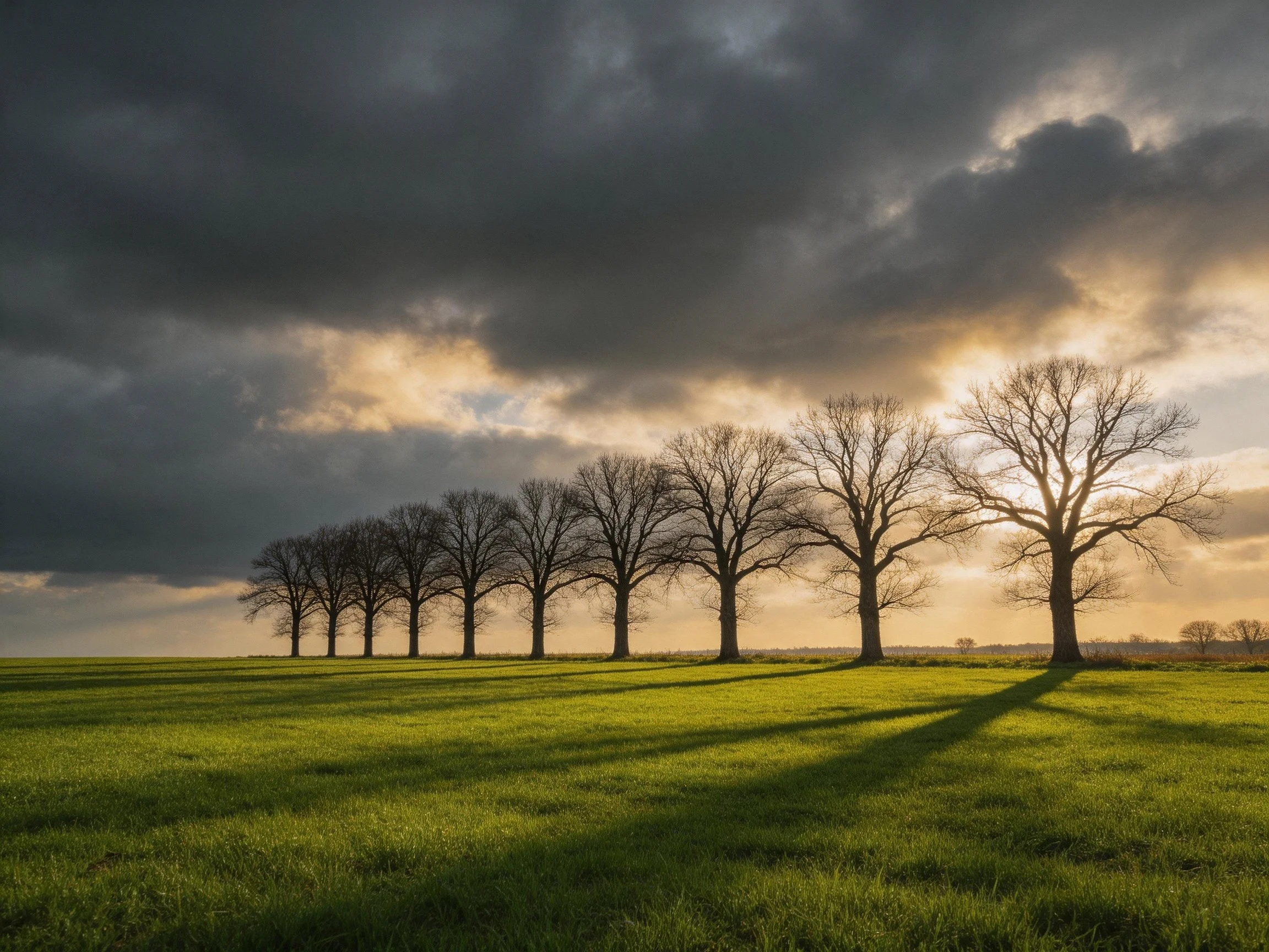 Bare trees aligned in a green field under dramatic skies