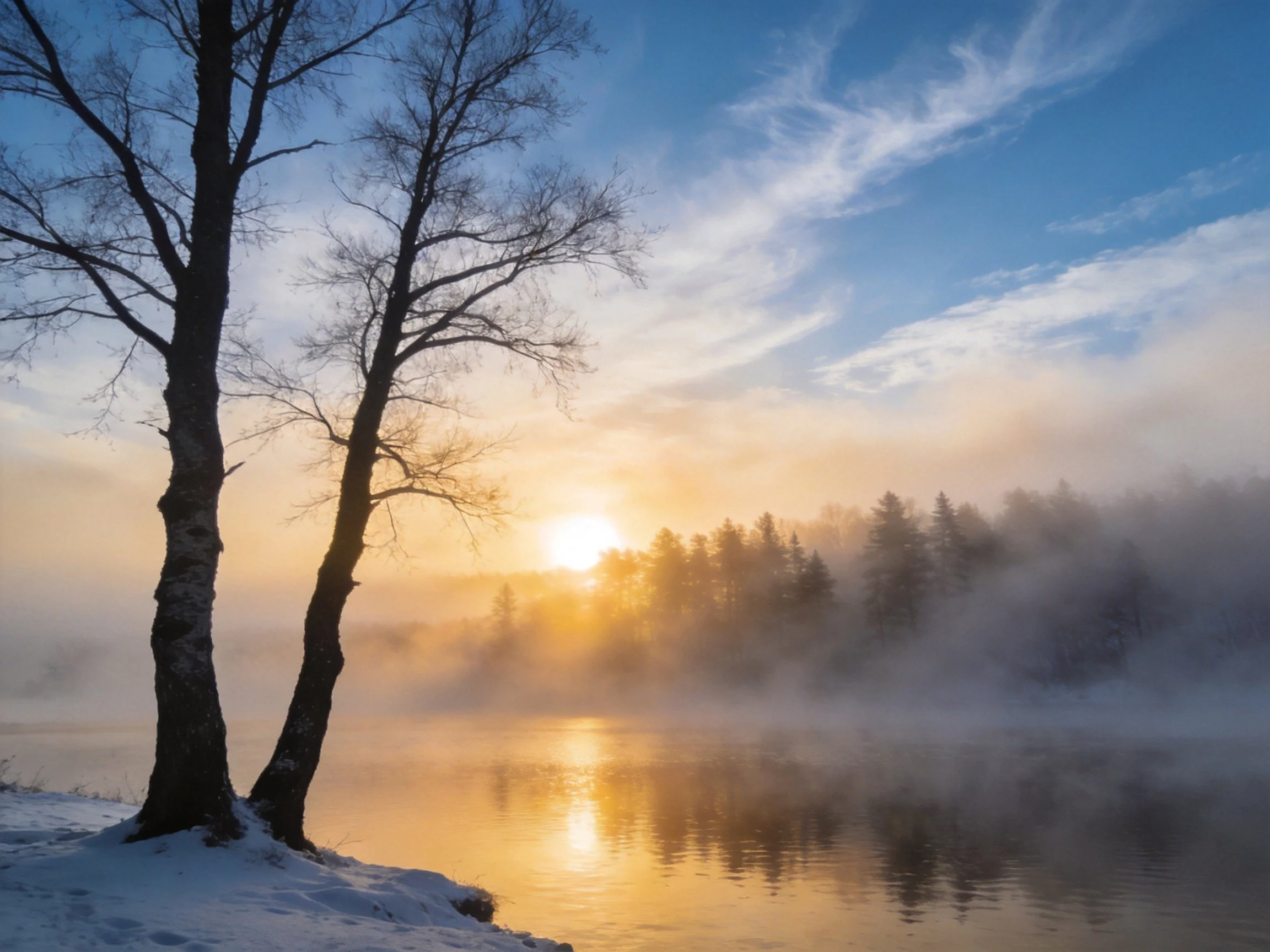 Bare trees beside a misty, snowy river at sunrise