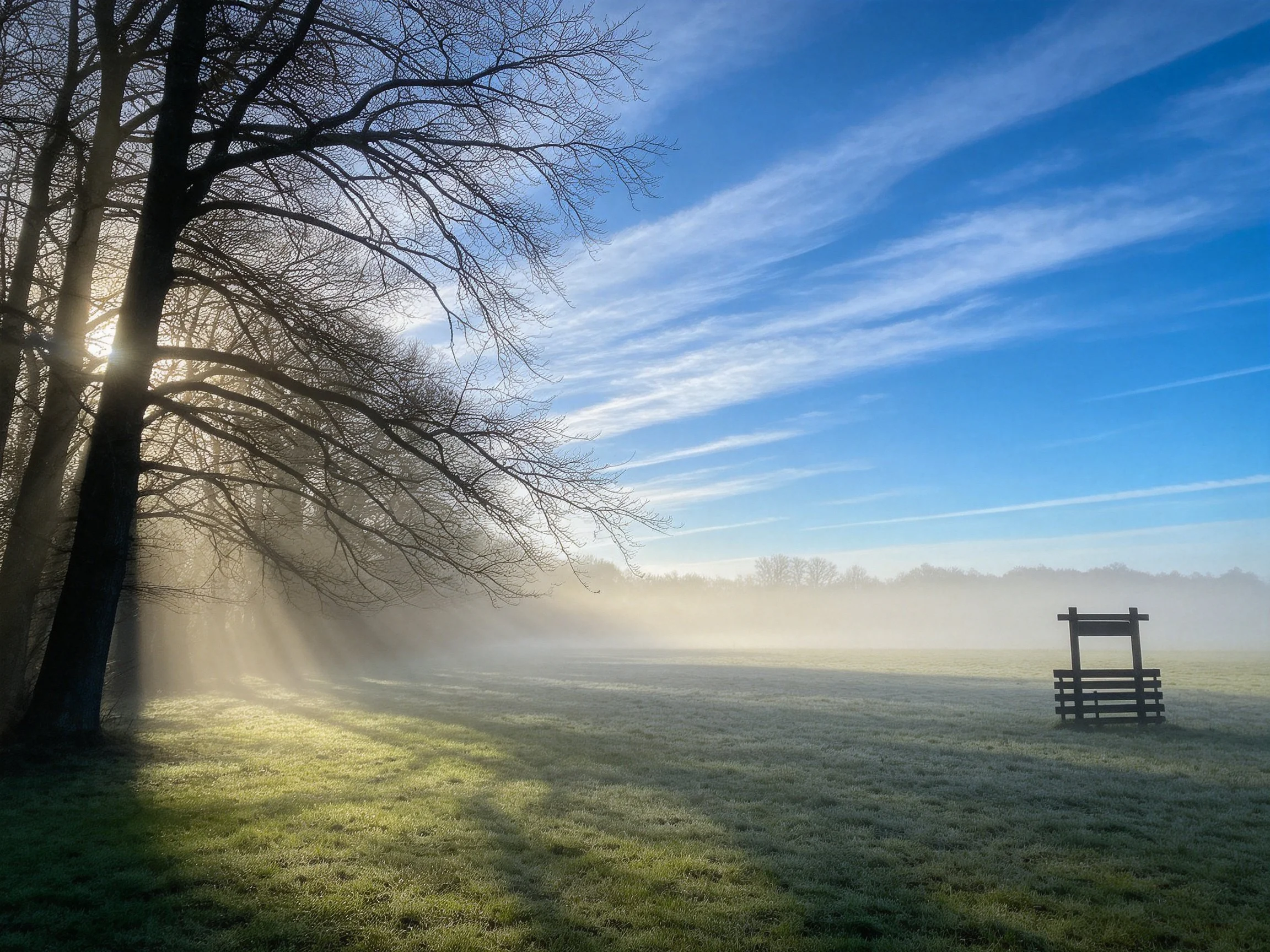 Bare trees, morning mist, and a wooden structure in a sunlit field