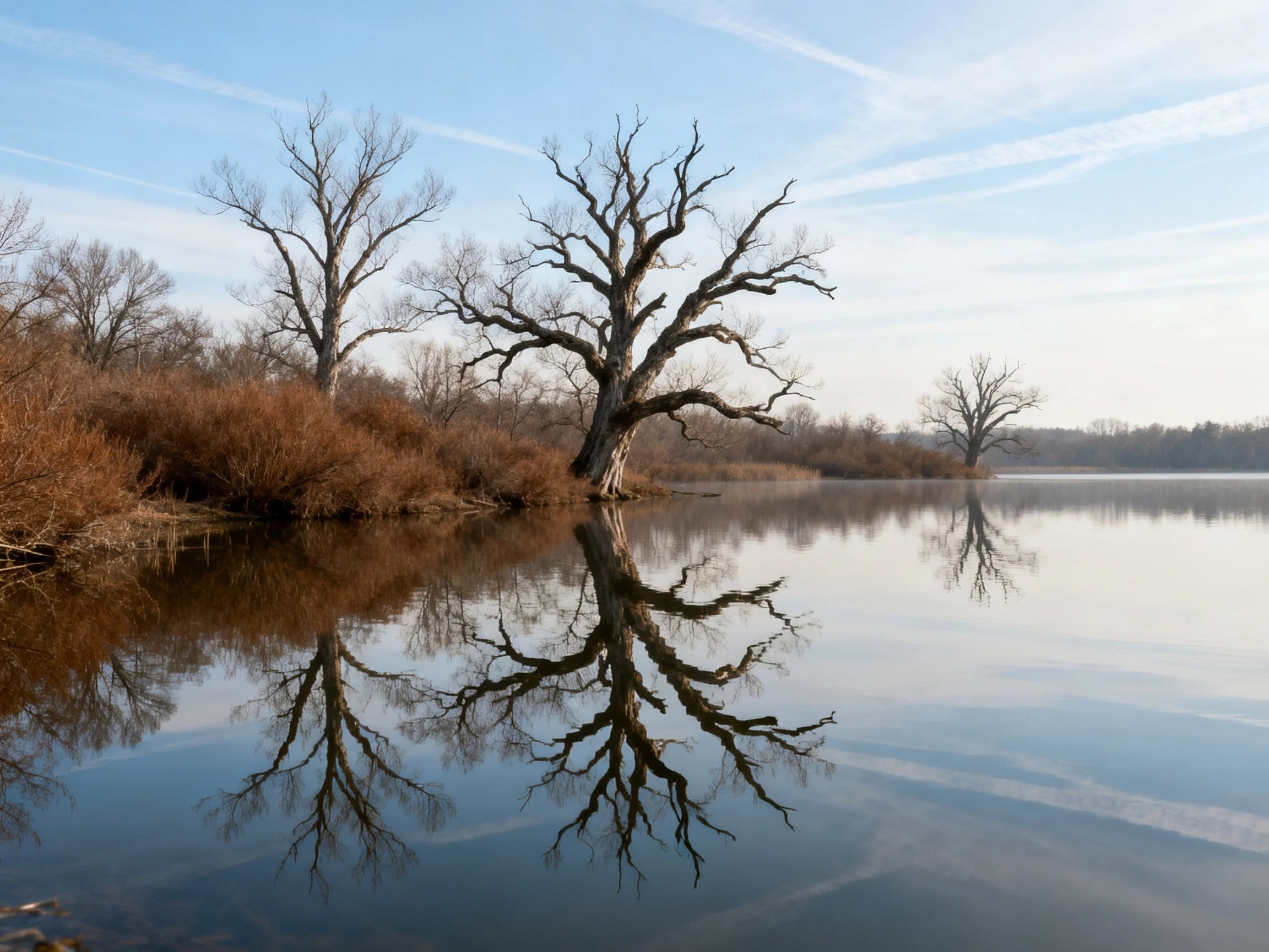 Bare trees reflected in calm brownish water near dry bushes