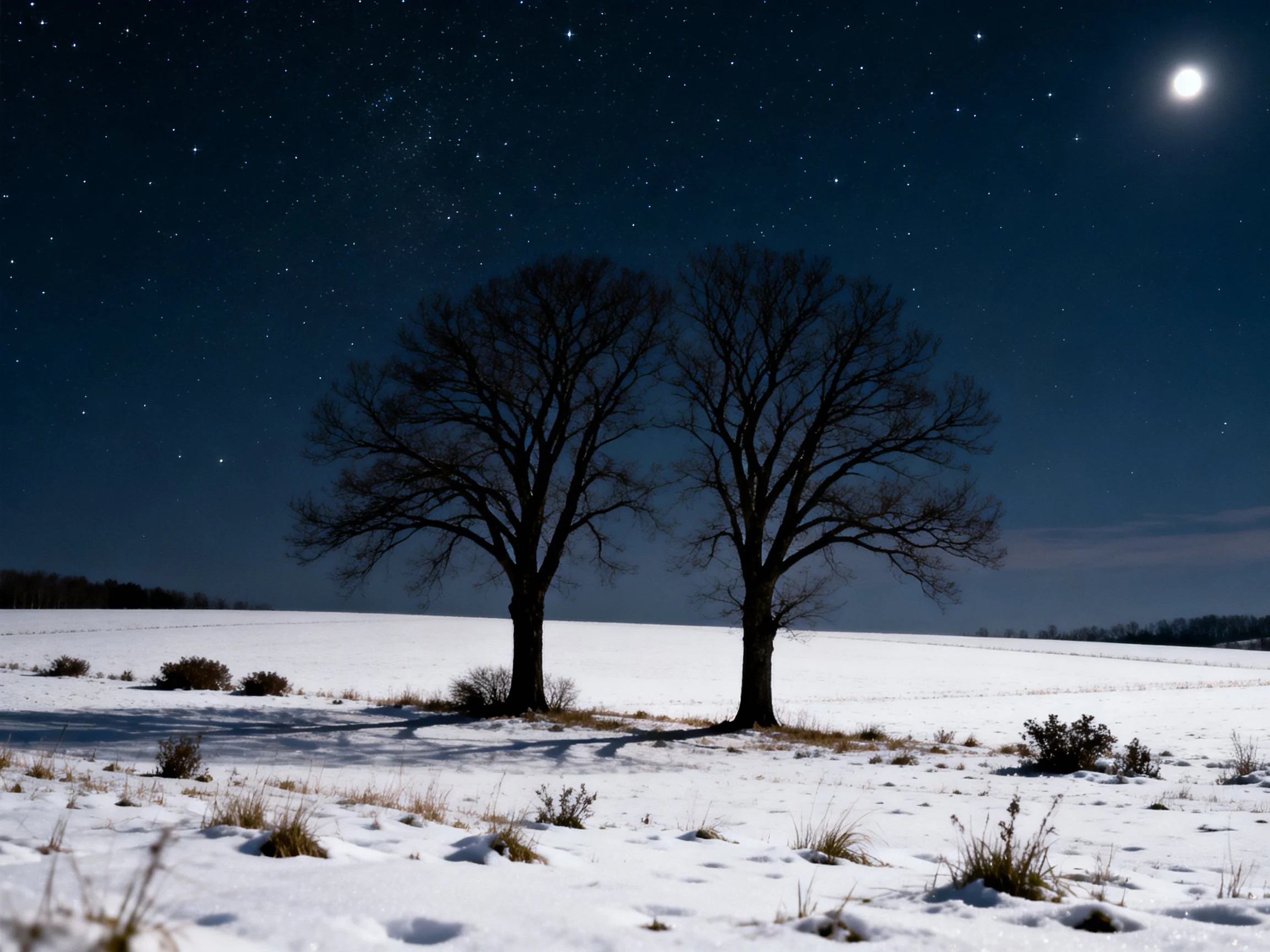 Bare trees stand in a snowy field under starry night