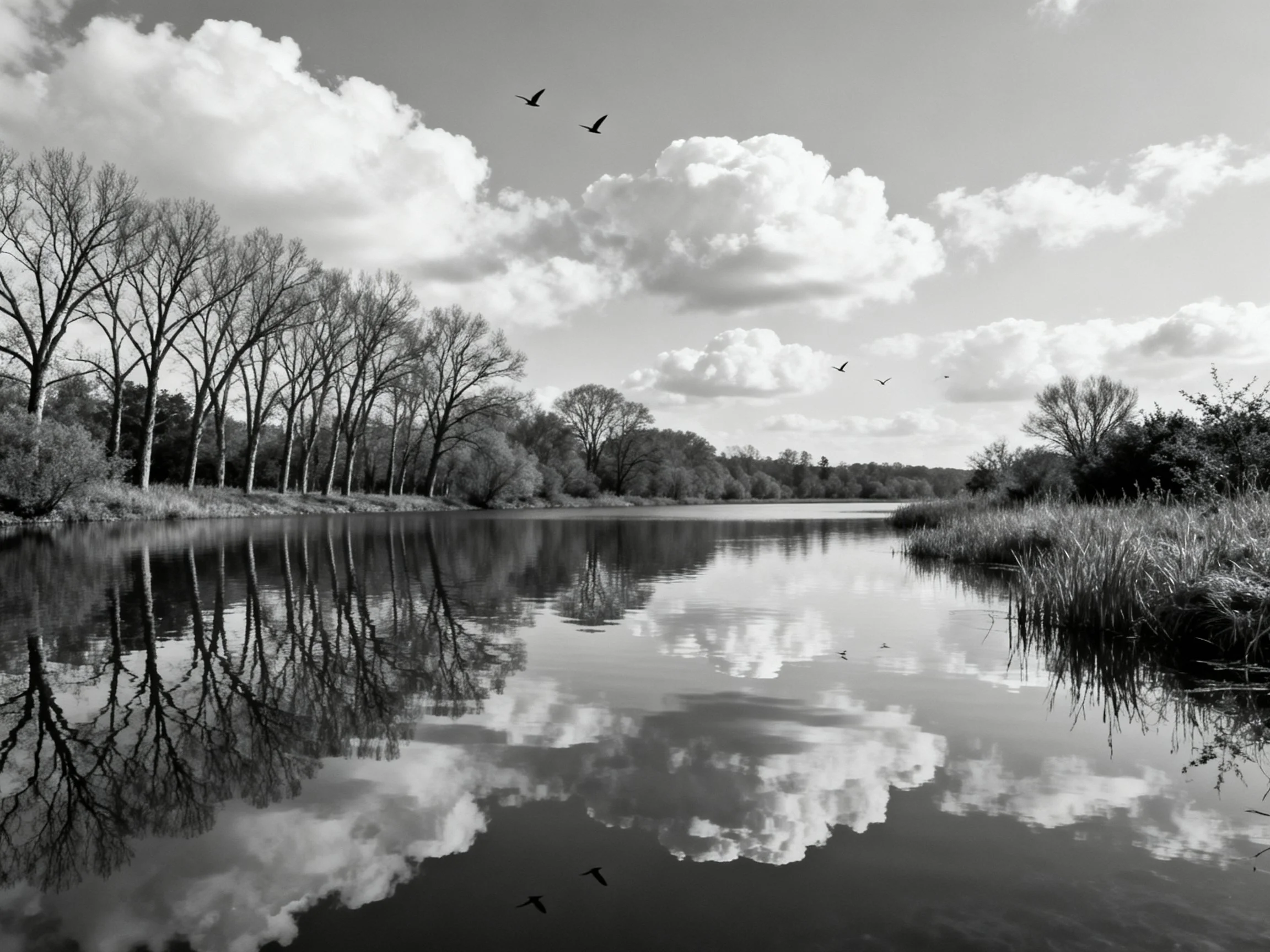 Black and White Landscape with Water Reflections and Flying Birds