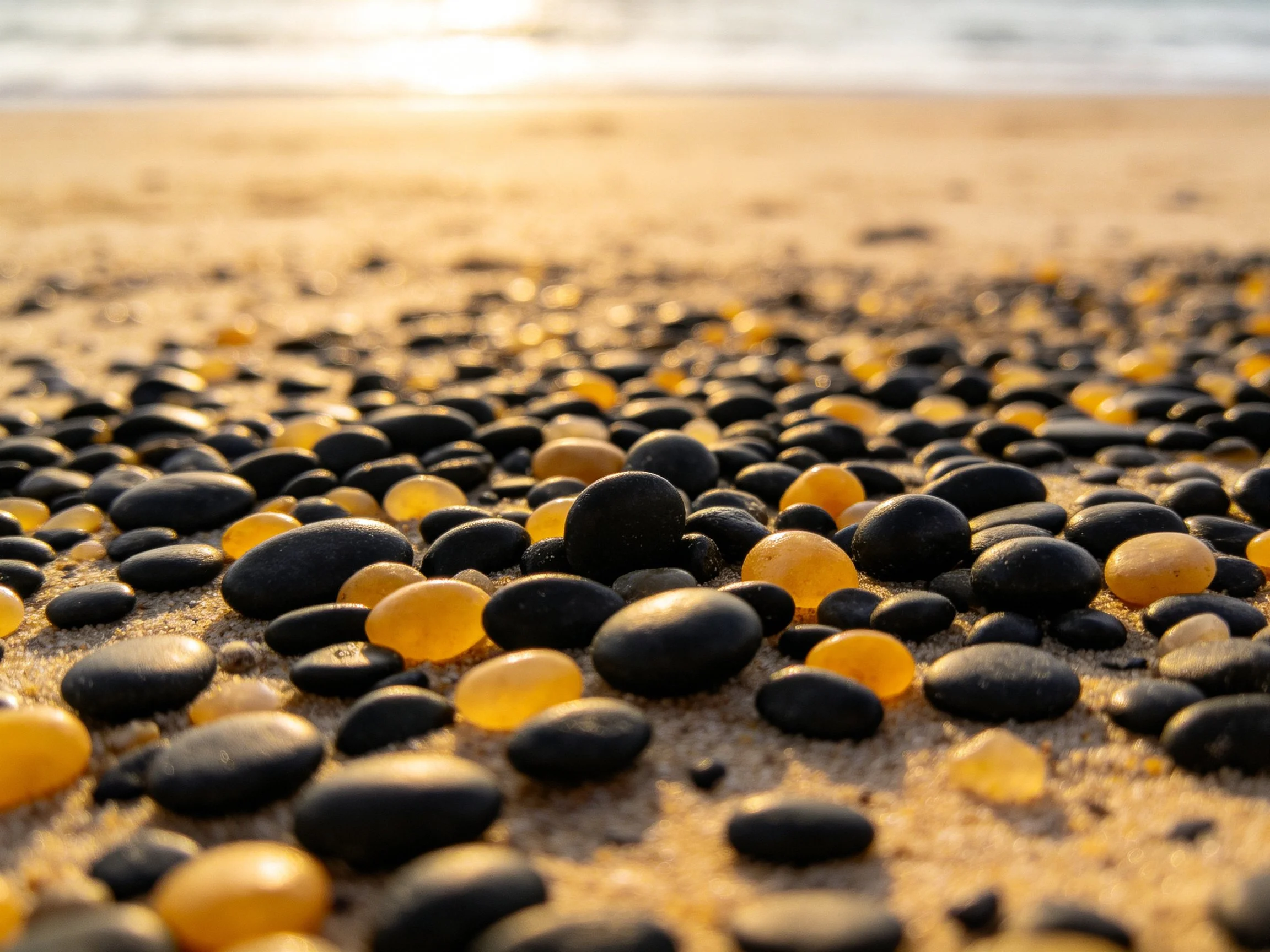 Black and amber pebbles scattered across golden sandy beach near shoreline