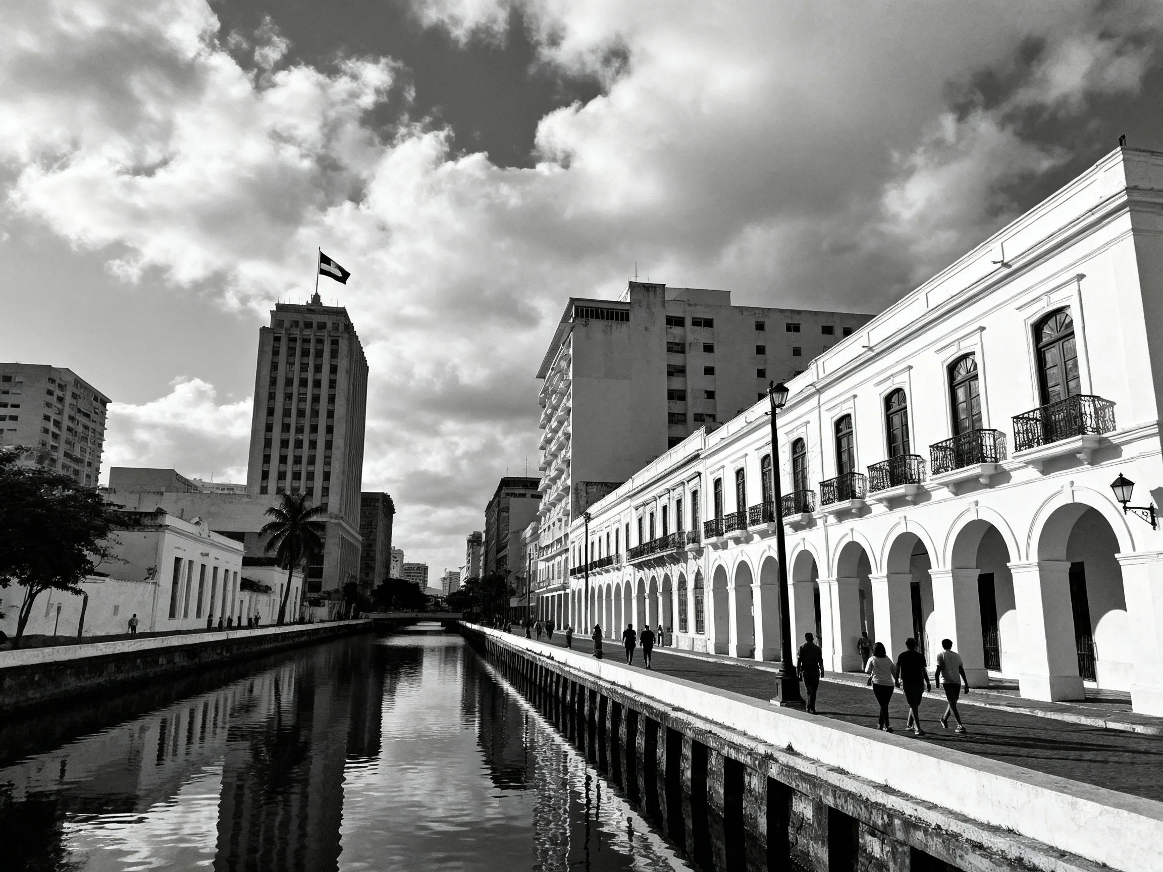 Black-and-white Canal Scene with Historic and Modern Architecture