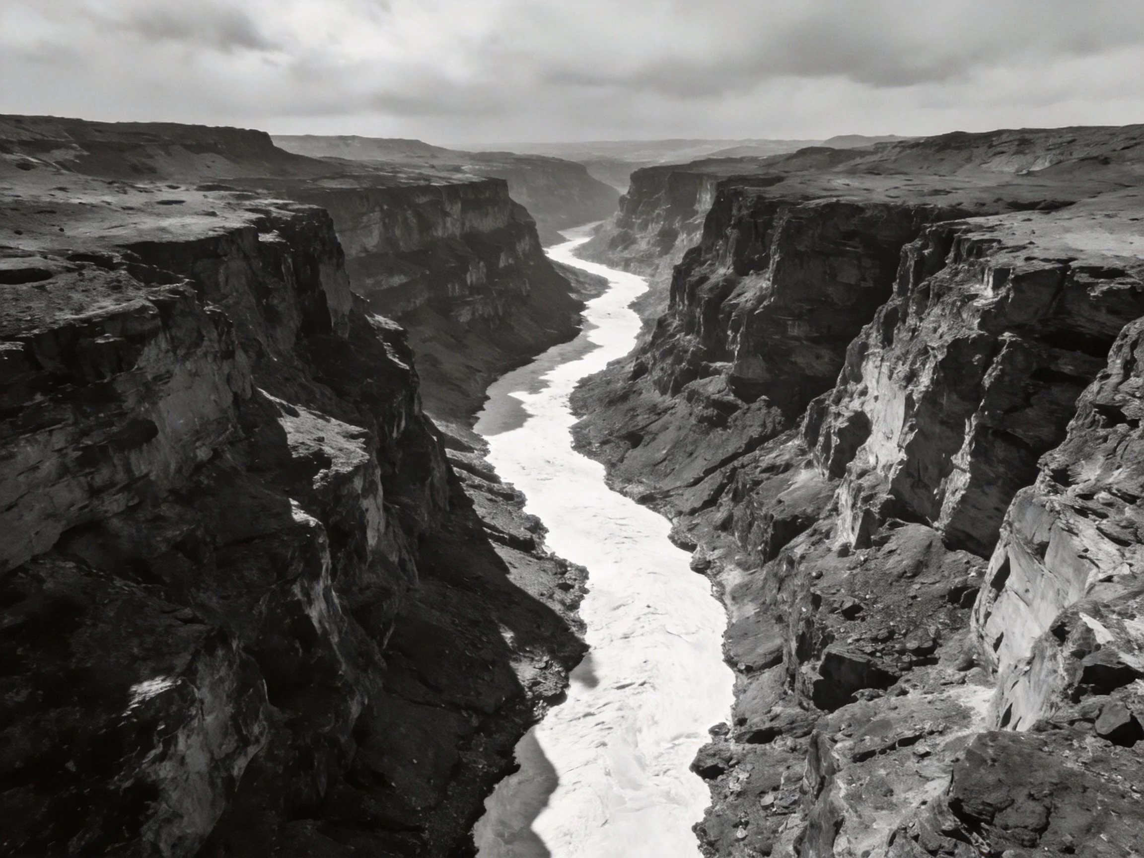 Black-and-white canyon landscape with winding river and towering cliffs