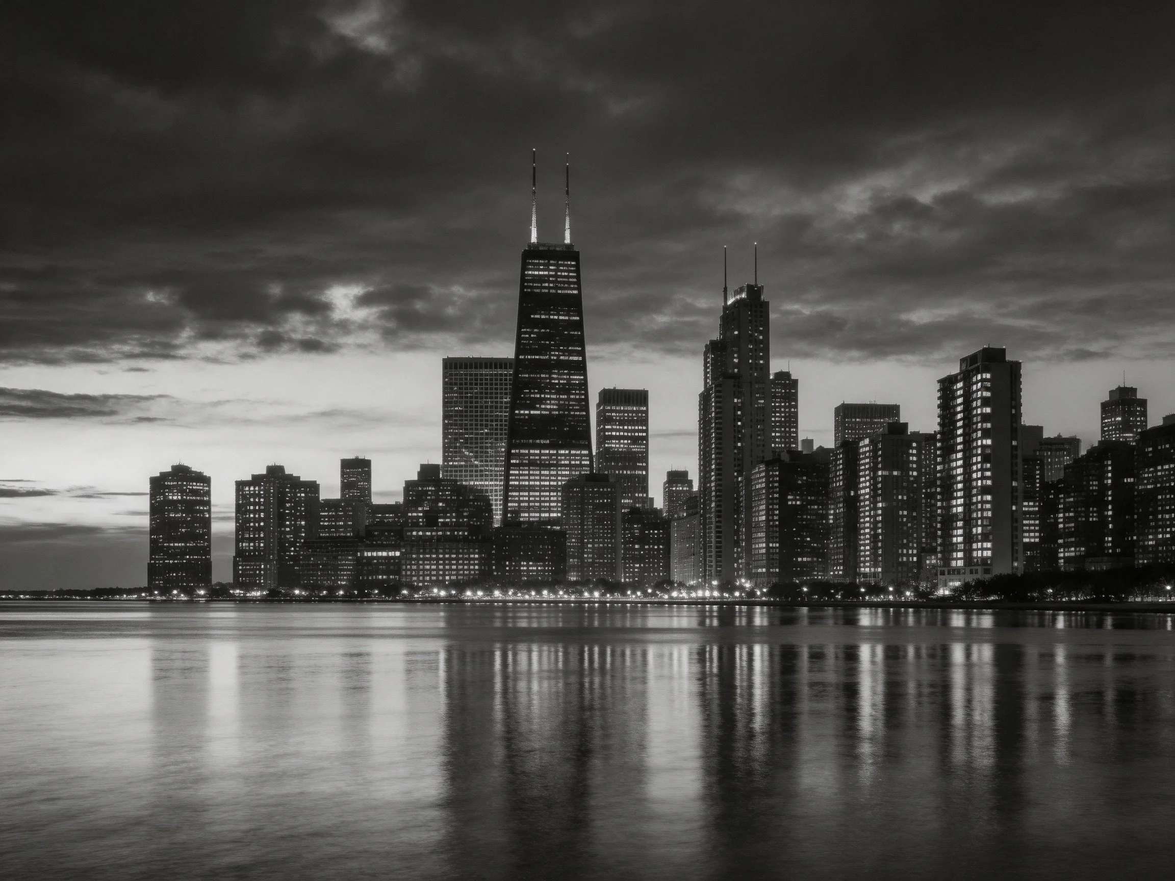 Black-and-white city skyline with iconic tower by calm waters