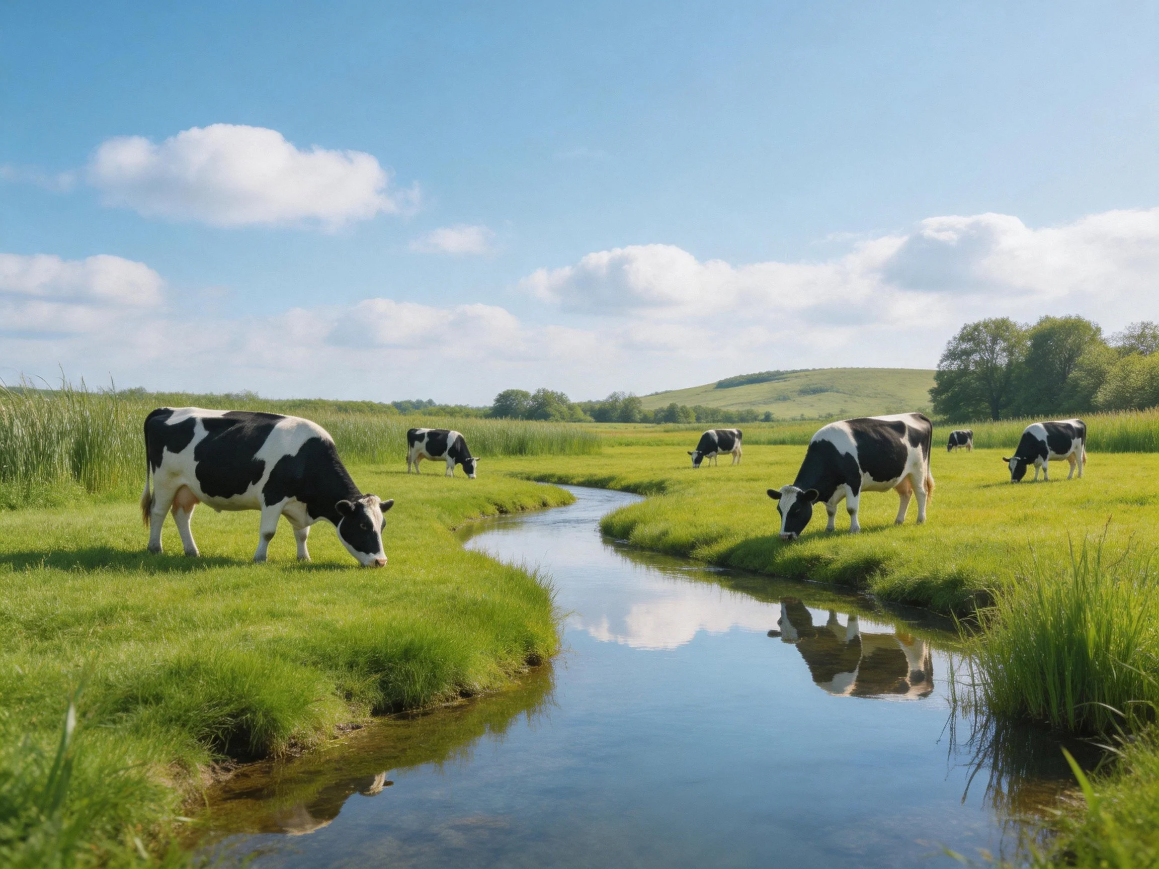Black and white cows graze near a winding stream in lush meadows