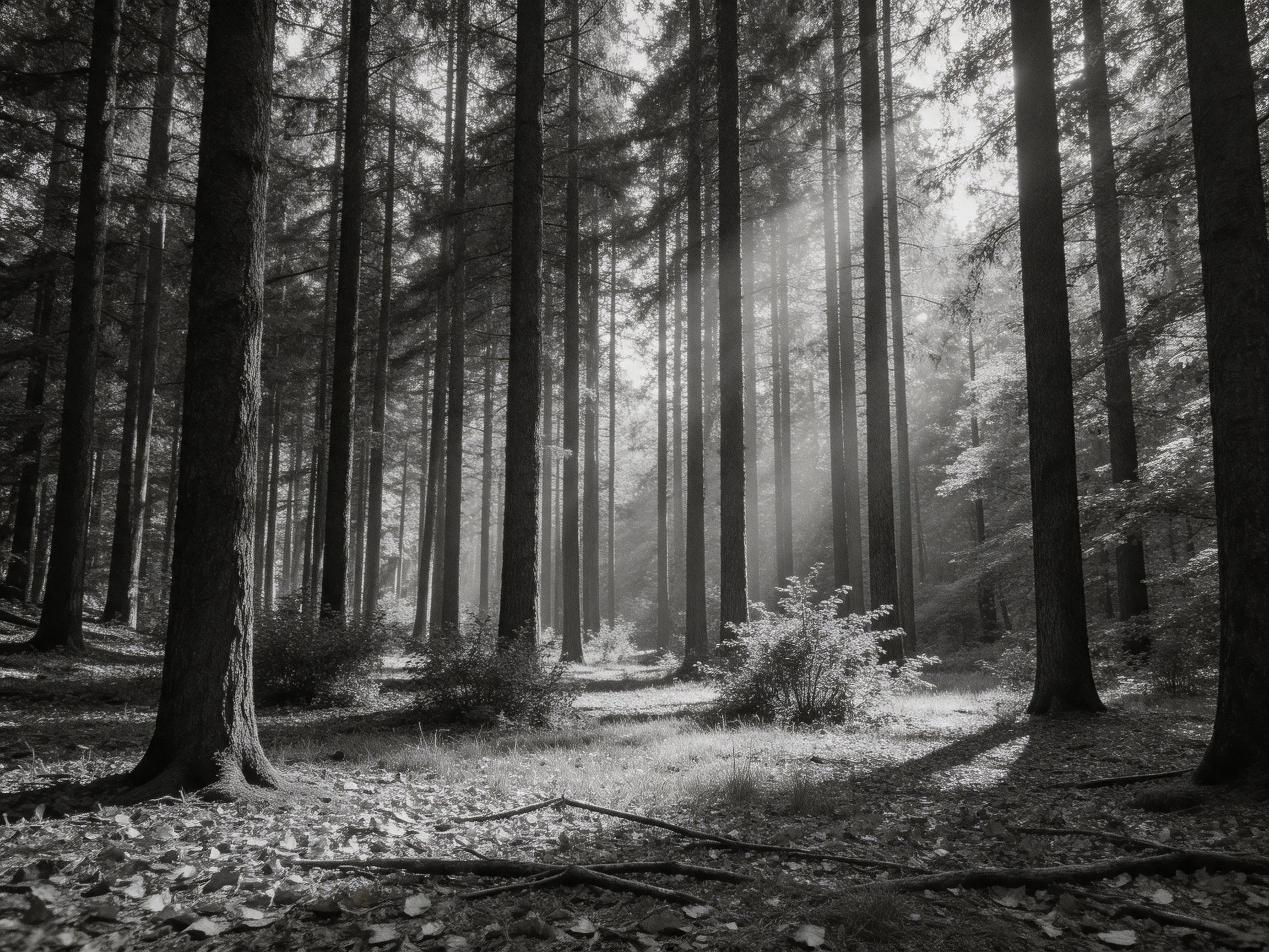 Black - and - white forest with tall trees and sunbeams