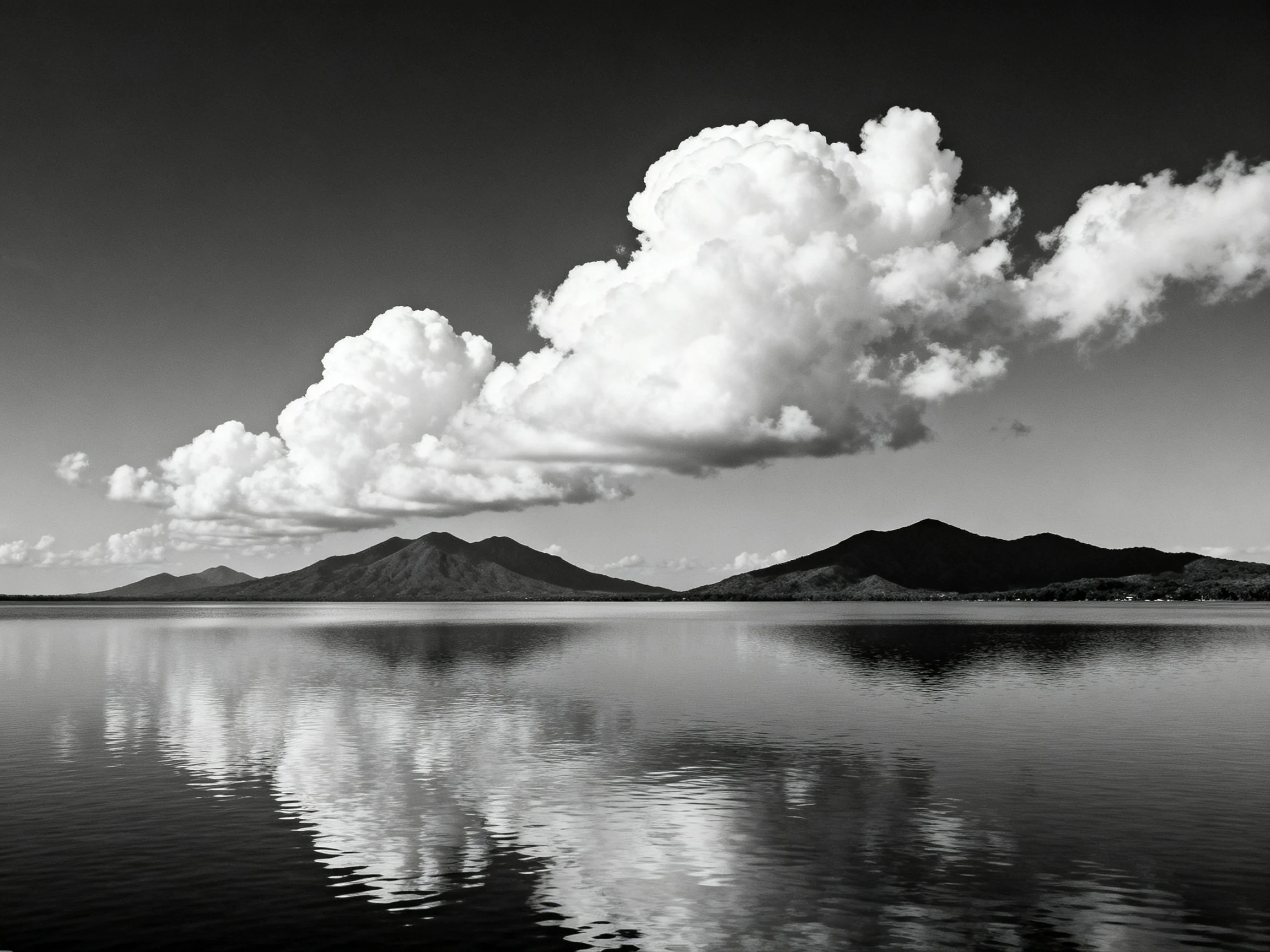 Black and white landscape with dramatic clouds and mountain reflections