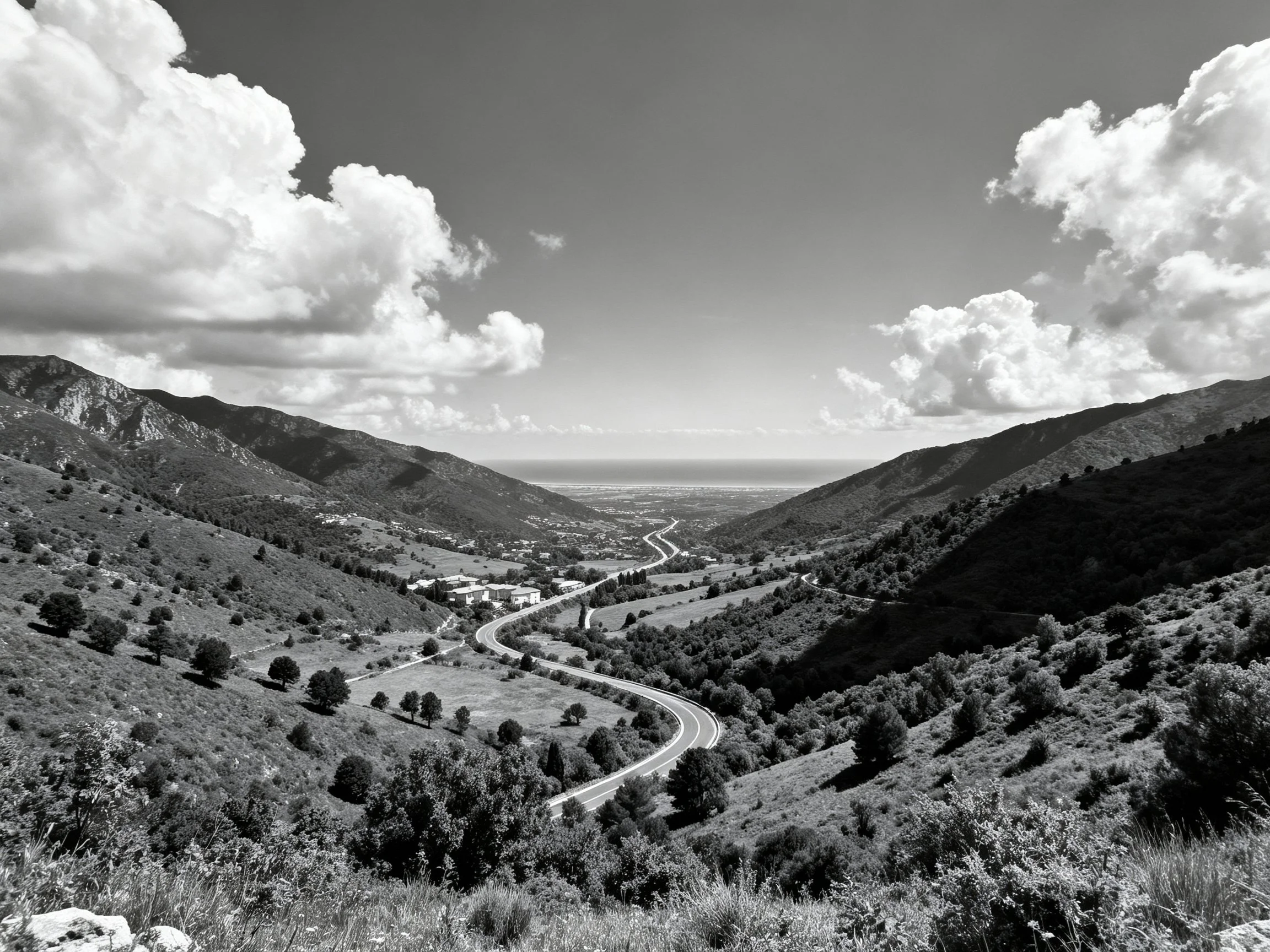 Black-and-white mountain valley with winding road and scattered trees