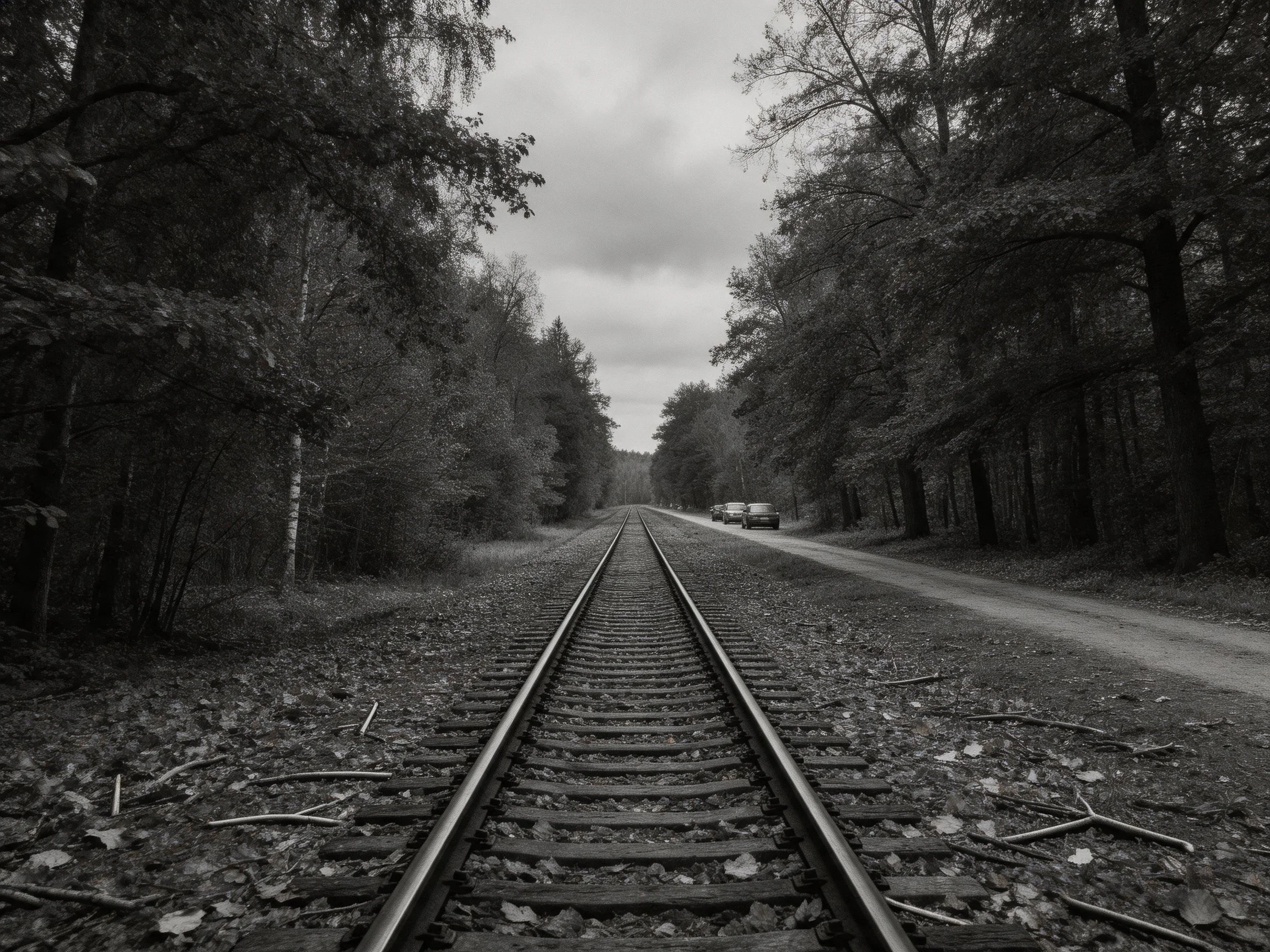 Black and white railroad tracks flanked by dense trees near a dirt road