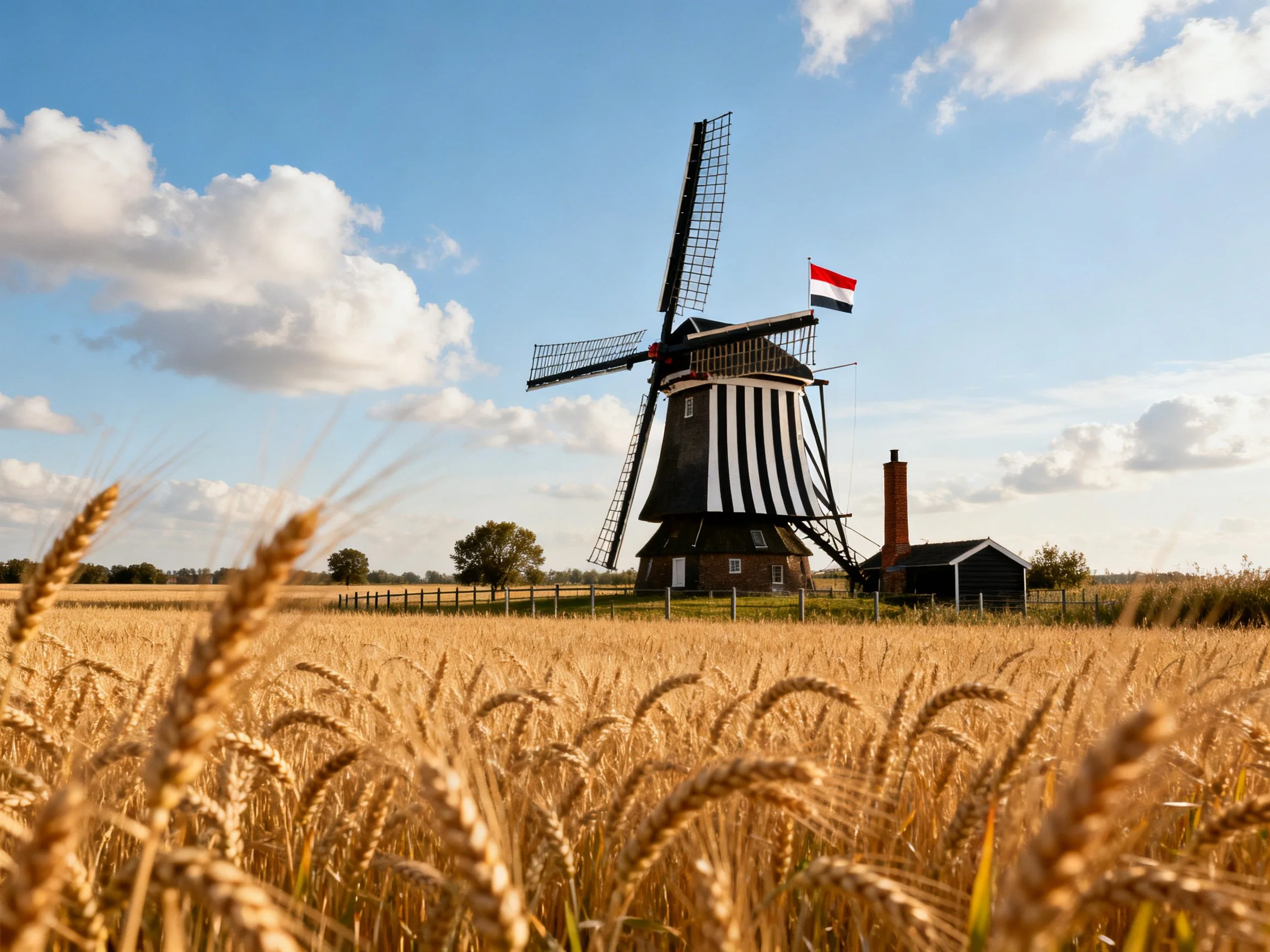 Black-and-white striped windmill near golden wheat field under blue sky