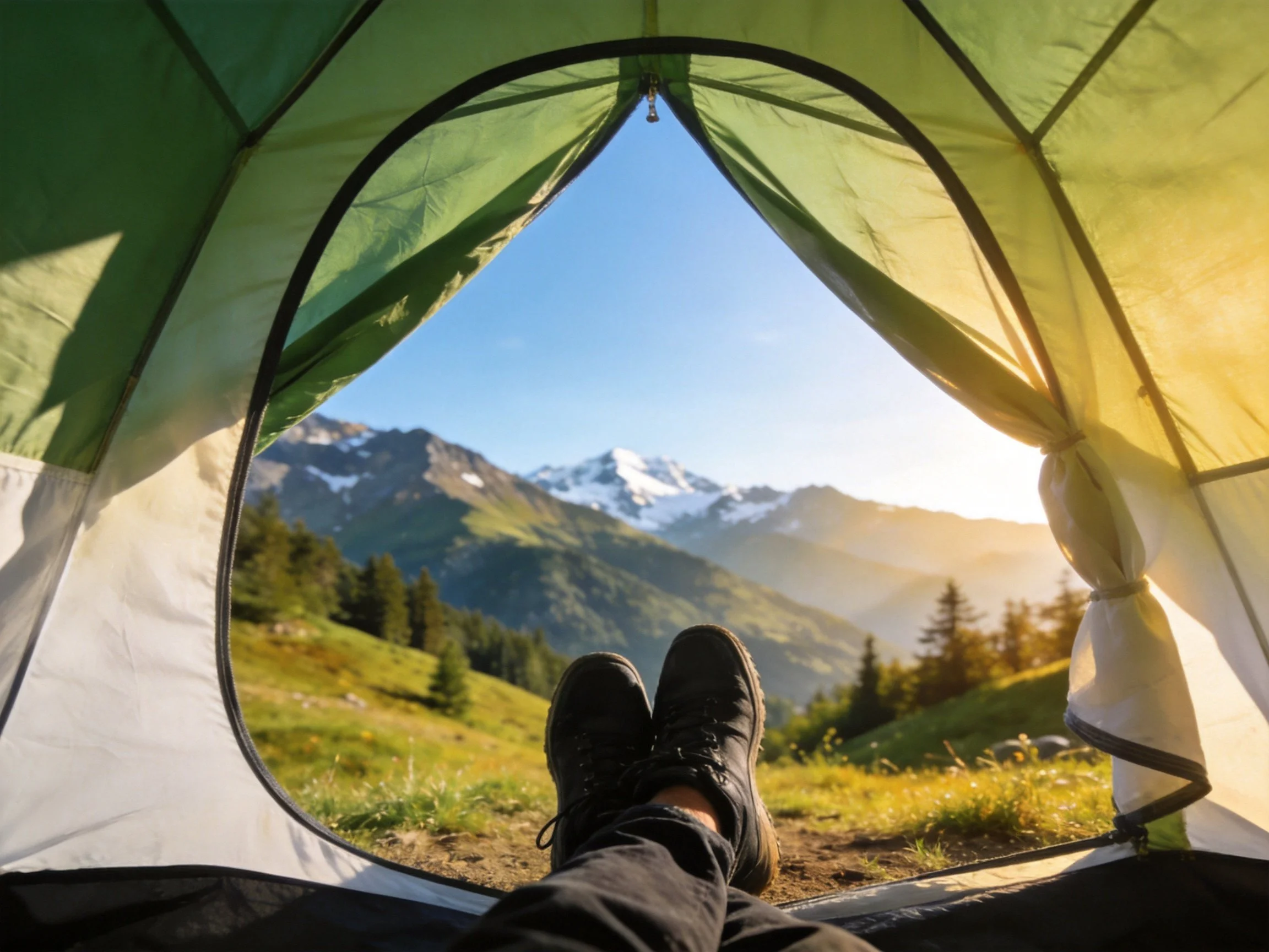 Black-shod feet inside green tent with mountainous view