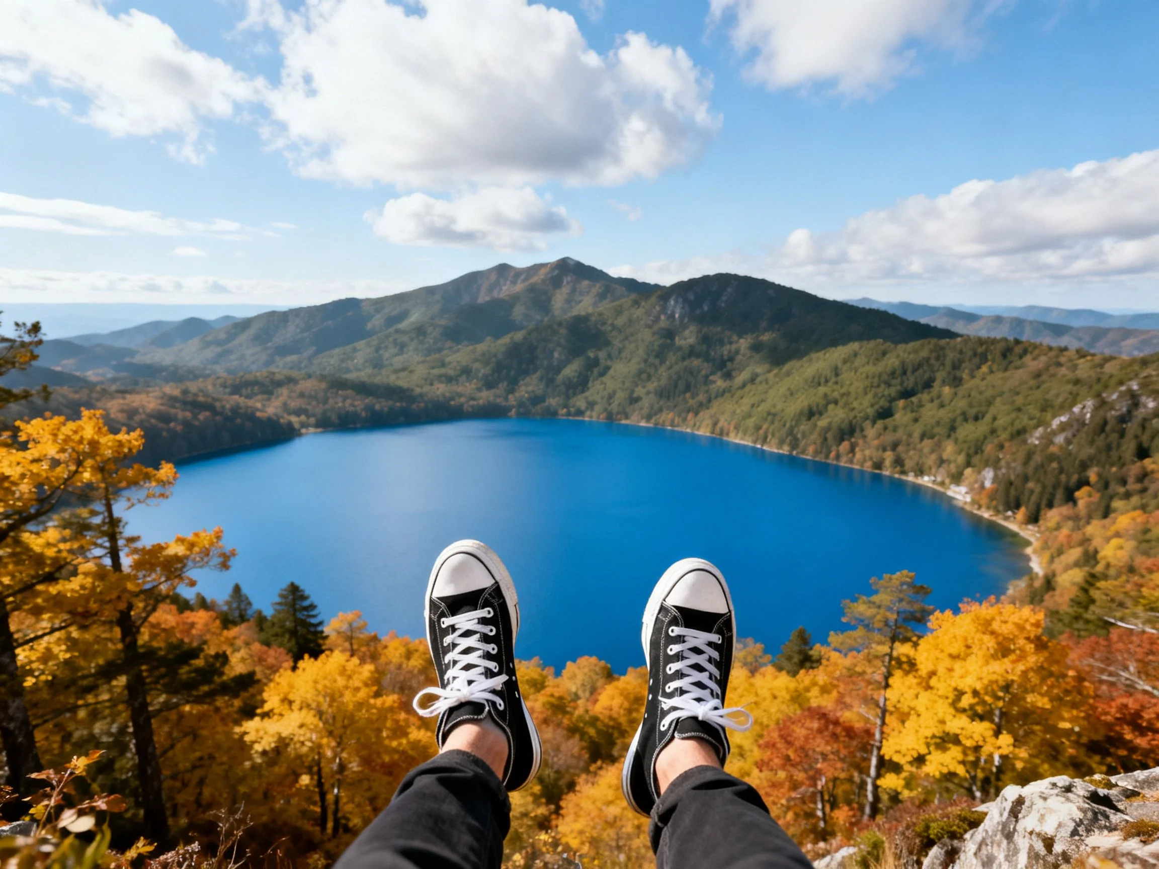 Black sneakers overlook a vivid blue lake amid autumn mountains