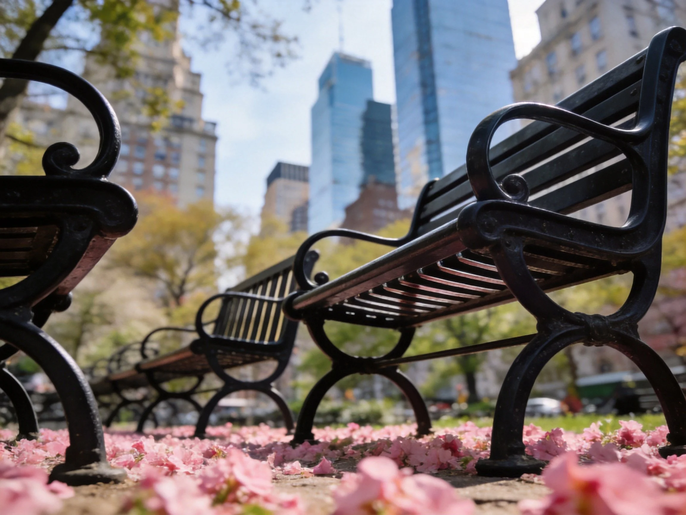 Black wrought iron benches with pink flower petals in city park