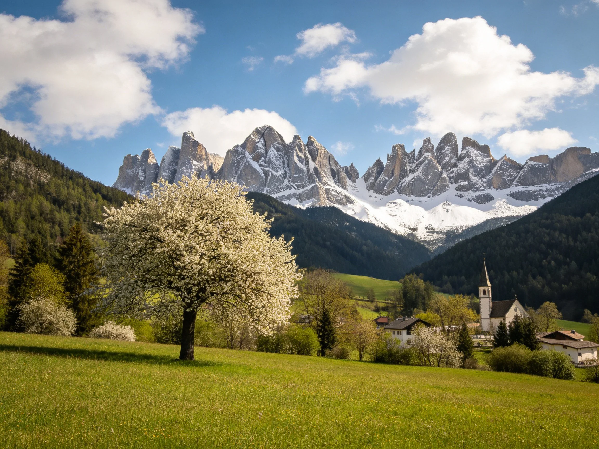 Blooming Tree, Lush Meadow, Snow-Capped Peaks, Quaint Village