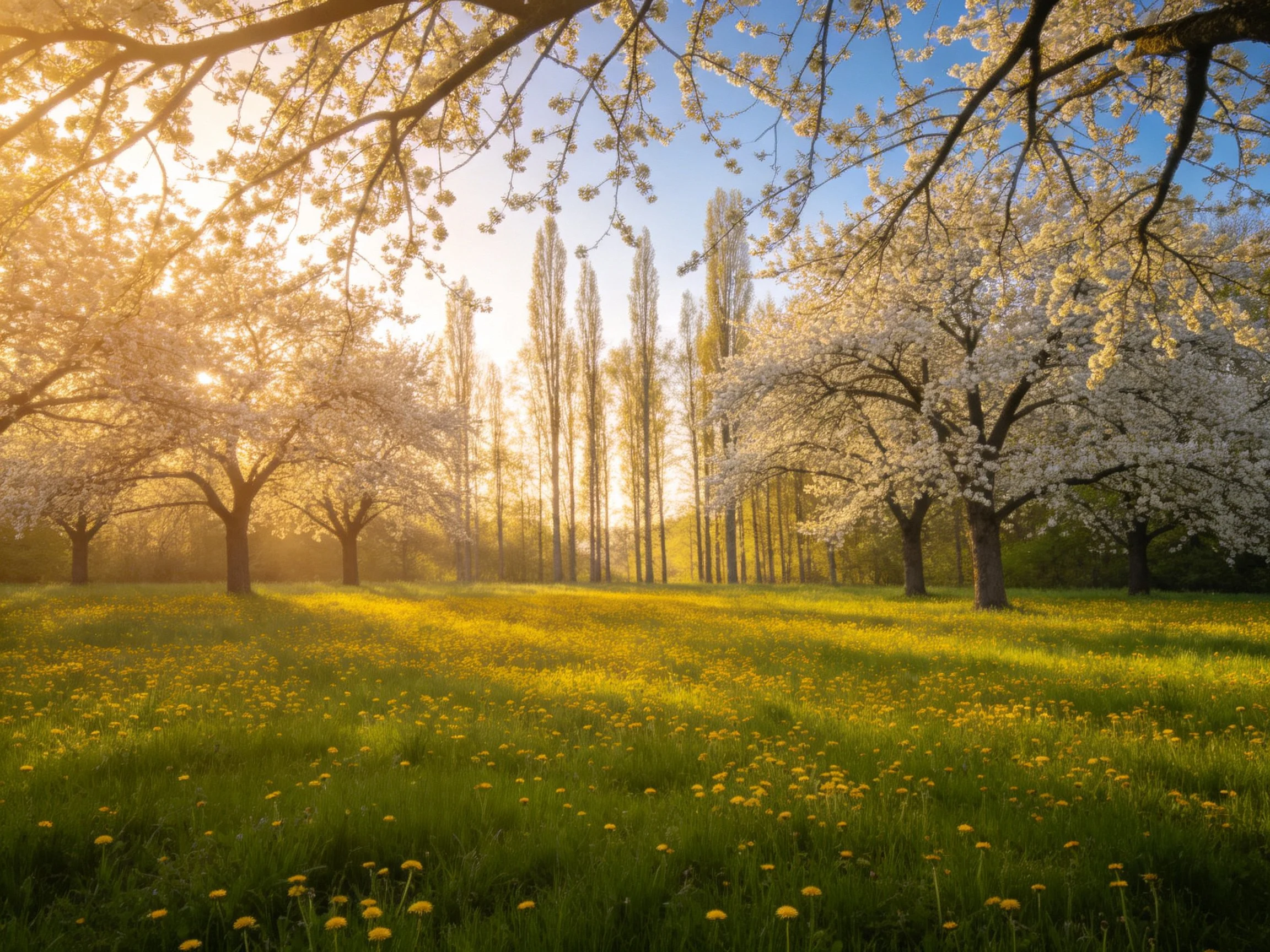 Blooming trees, golden meadow, sunny landscape