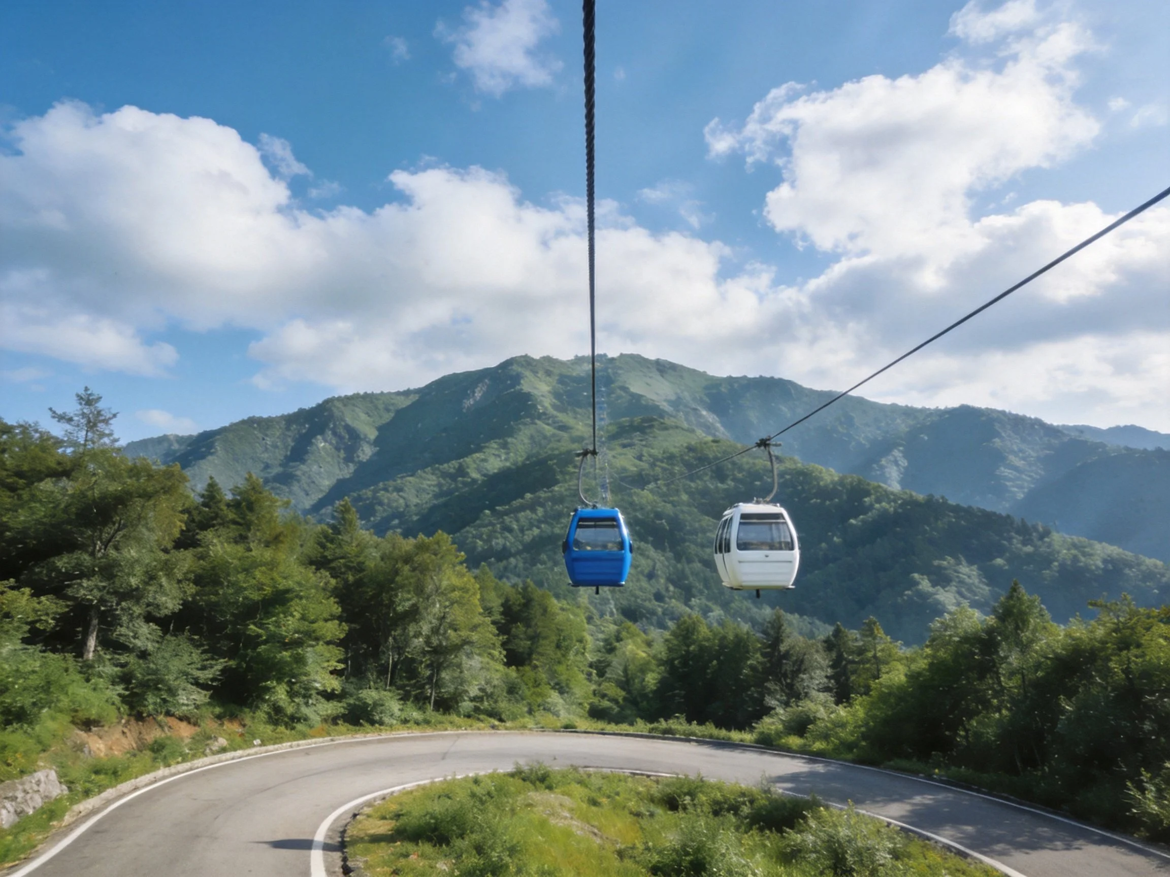 Blue and white cable cars suspended over a winding mountain road