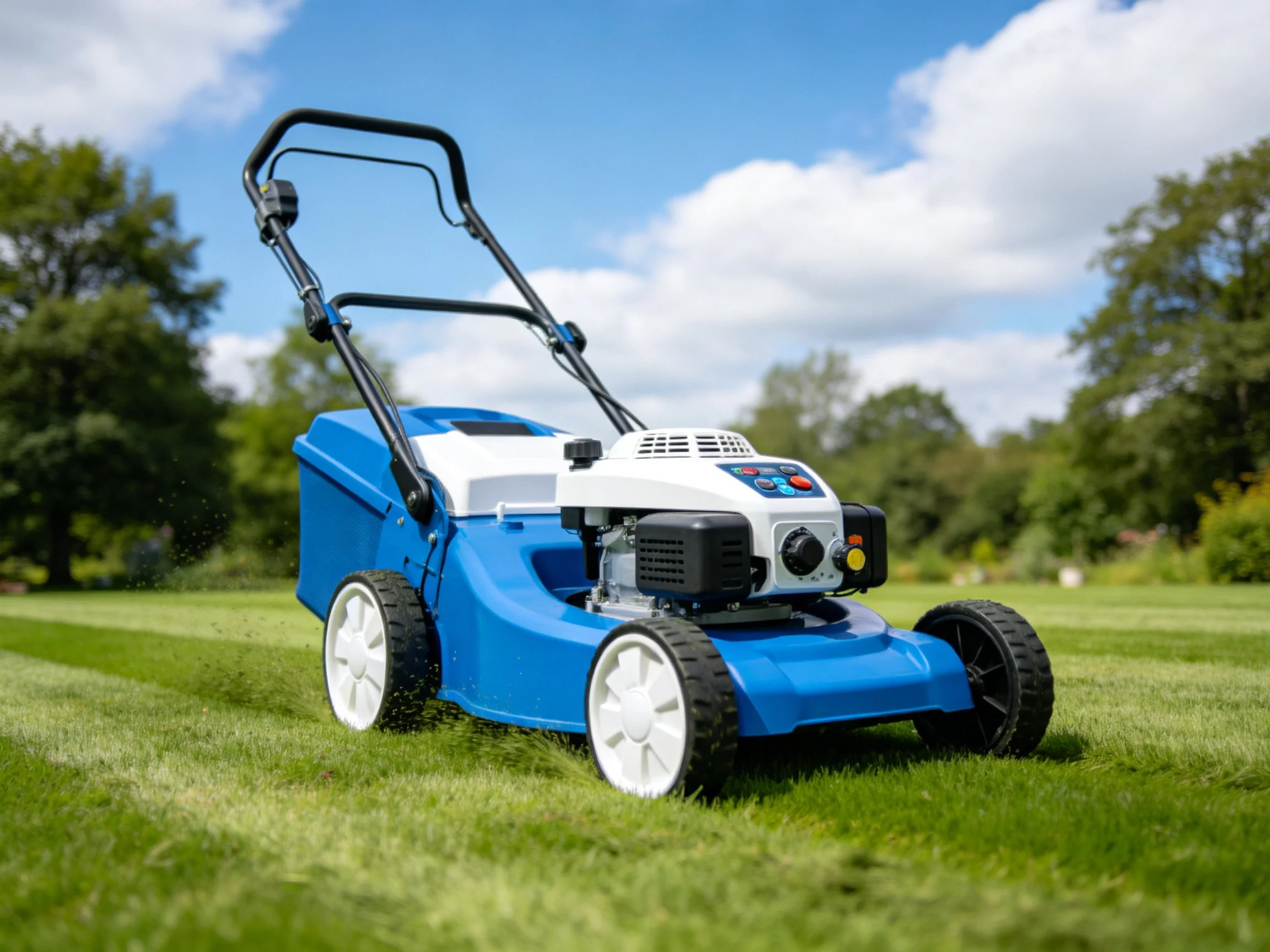 Blue and white gas-powered lawn mower cutting green grass