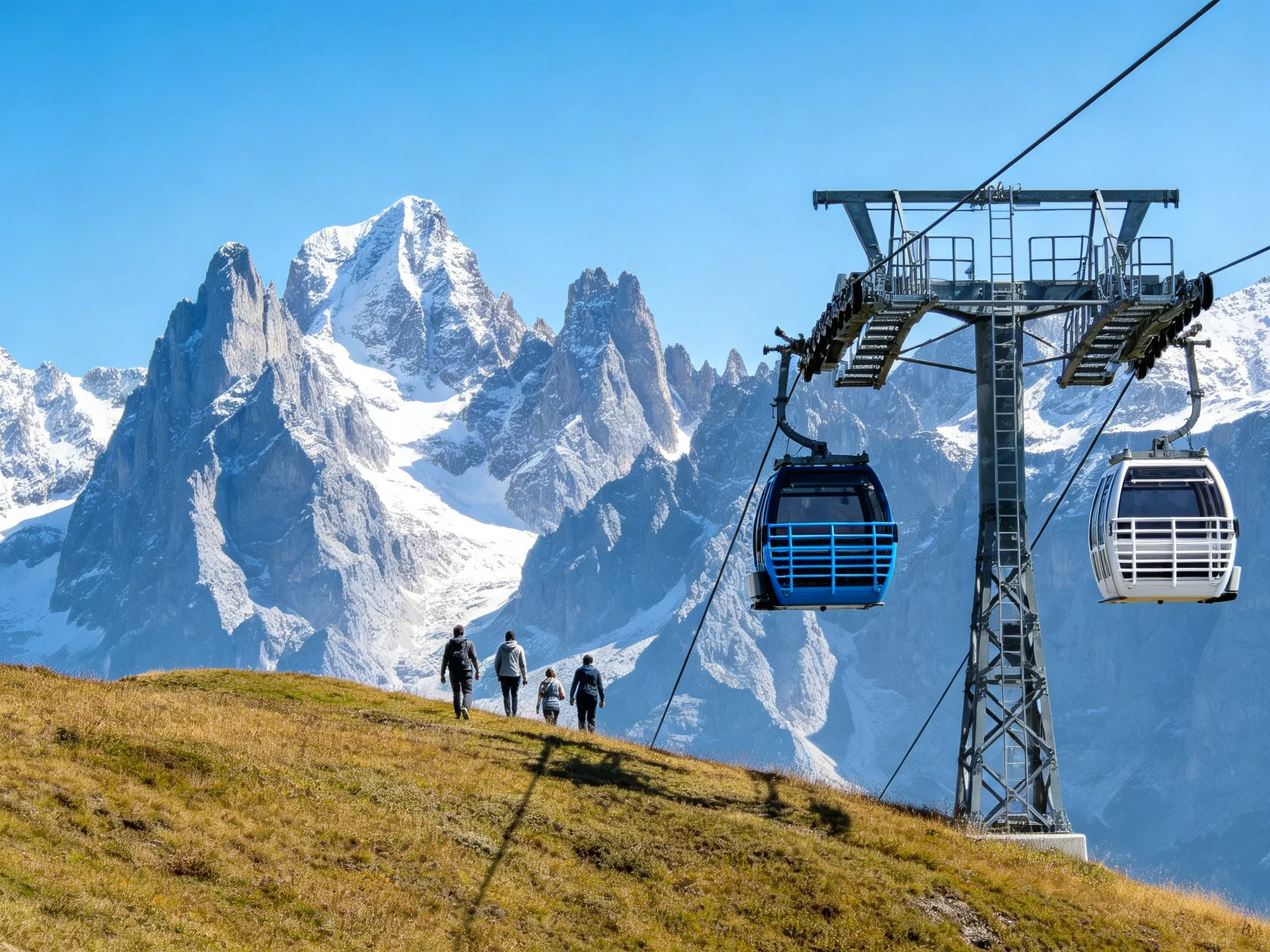 Blue and white gondola cable cars over grassy mountain path