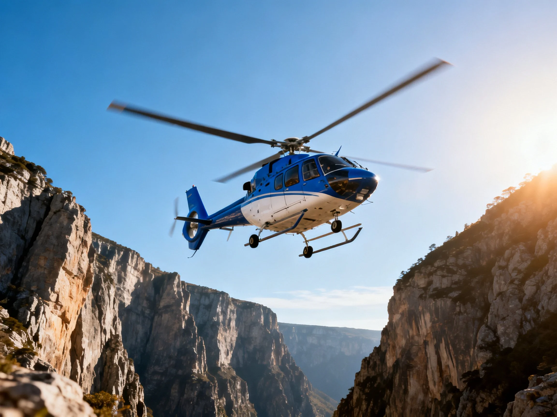 Blue and white helicopter flying over steep rocky canyons