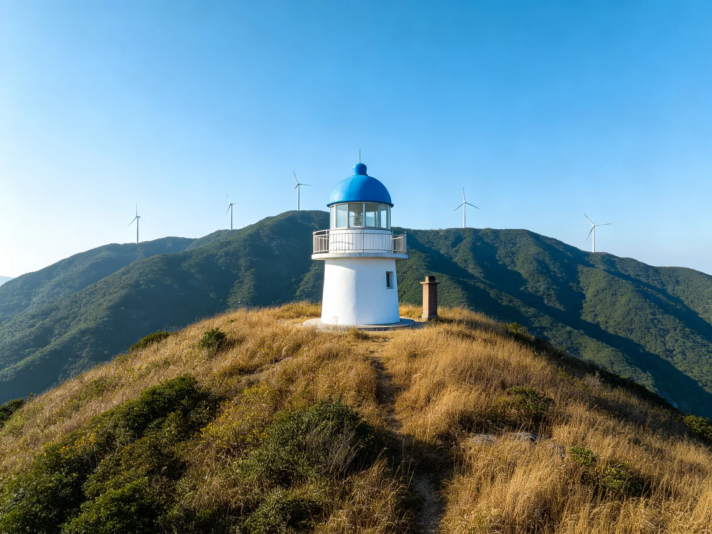 Blue-domed white lighthouse atop grassy hill with wind turbines