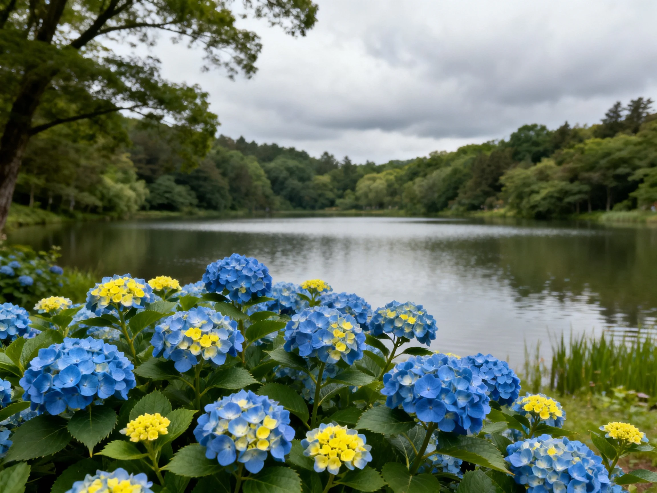 Blue hydrangeas by tranquil lake with forest surroundings