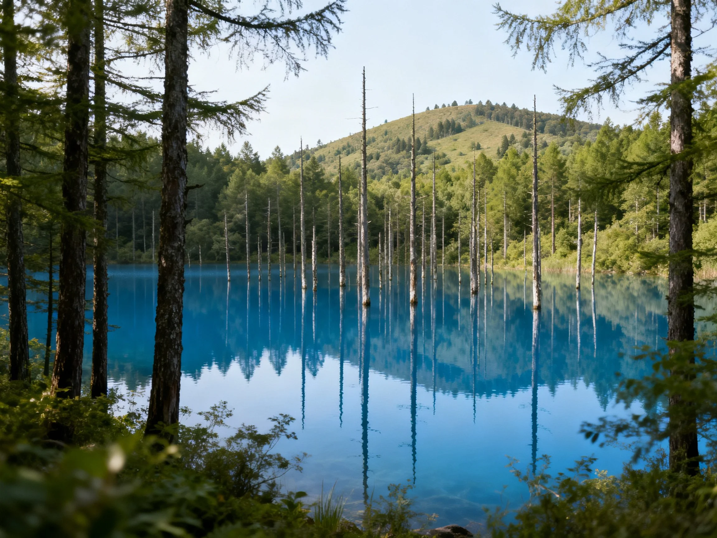 Blue lake with dead trees among dense forest surroundings