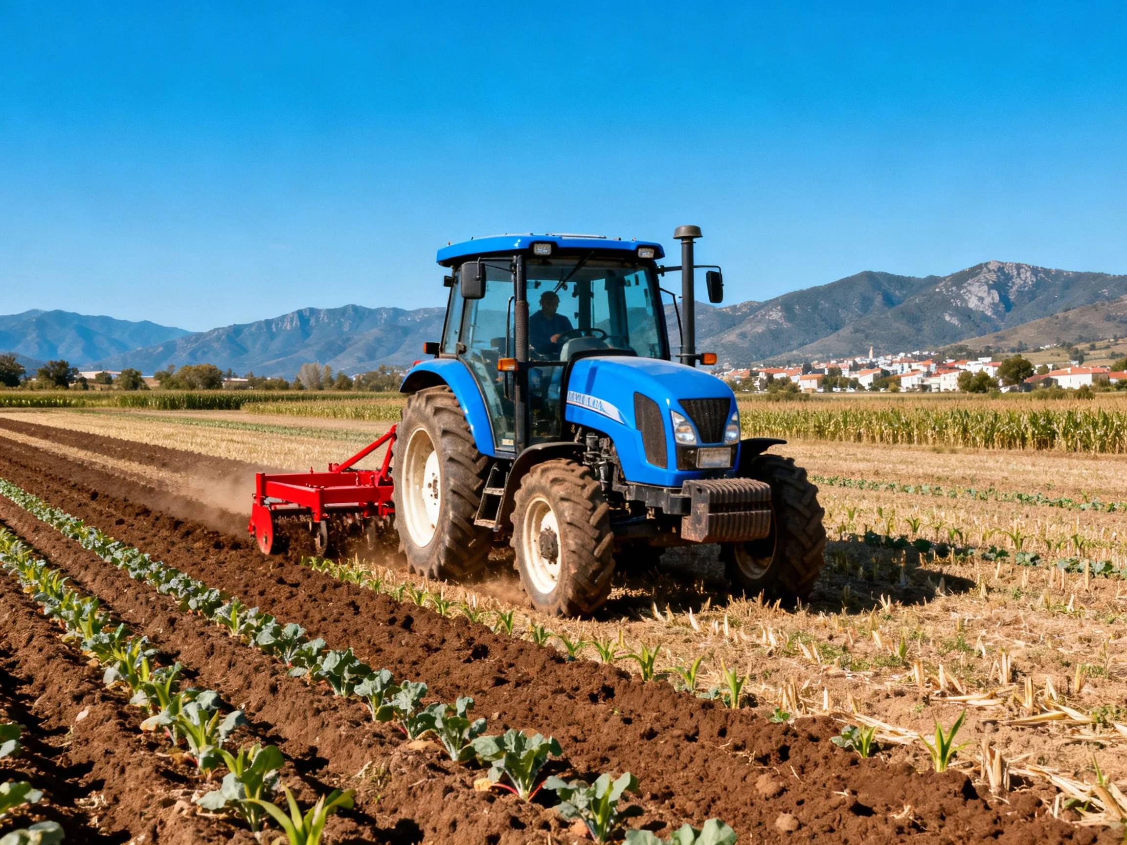 Blue tractor tilling farm rows near mountainous backdrop