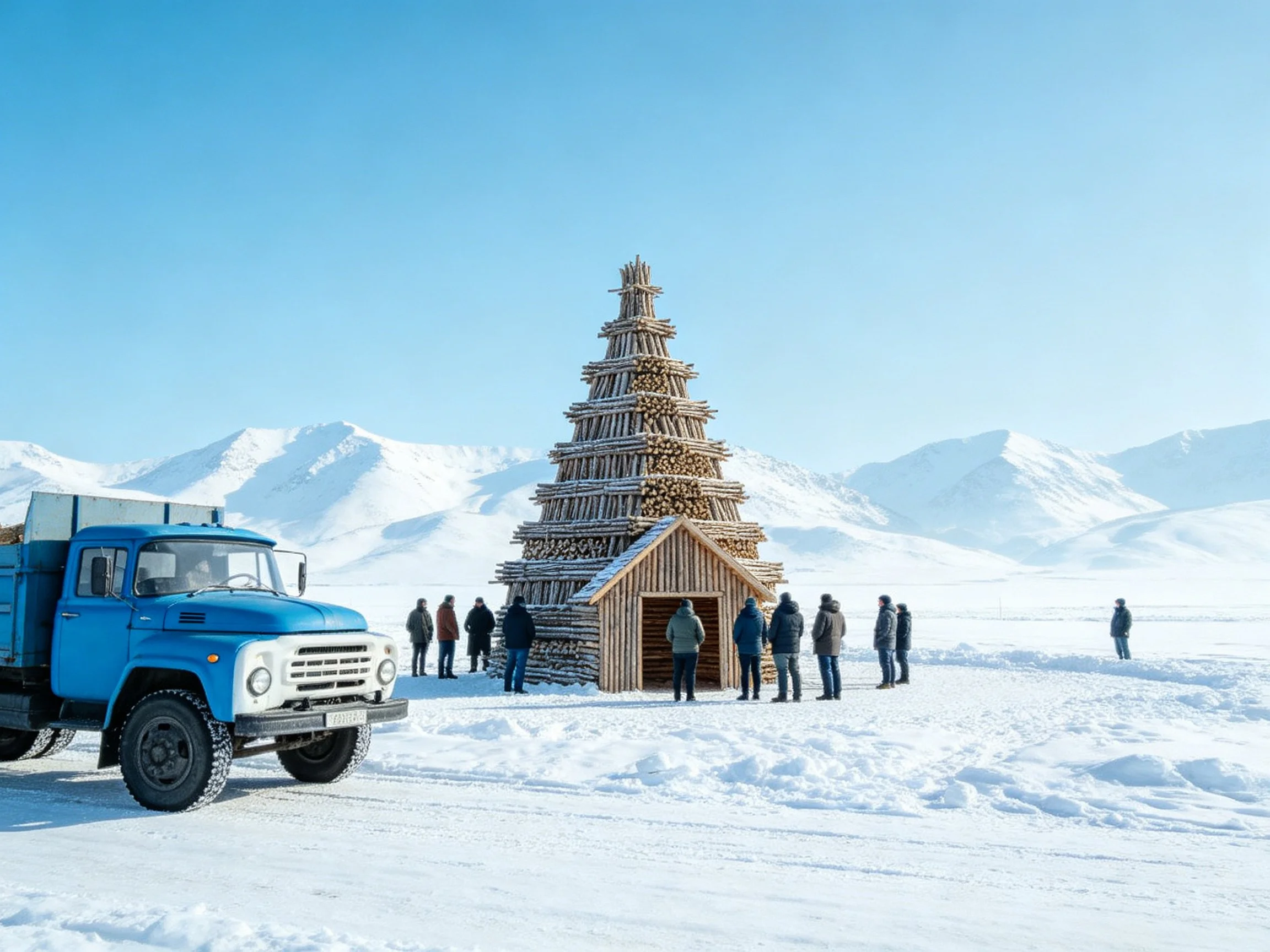 Blue truck beside towering log structure in snowy mountains