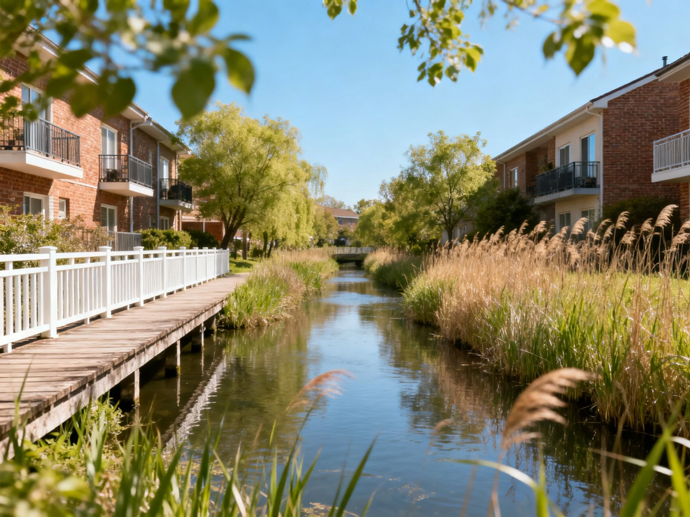 Brick residential buildings border a calm waterway with lush vegetation