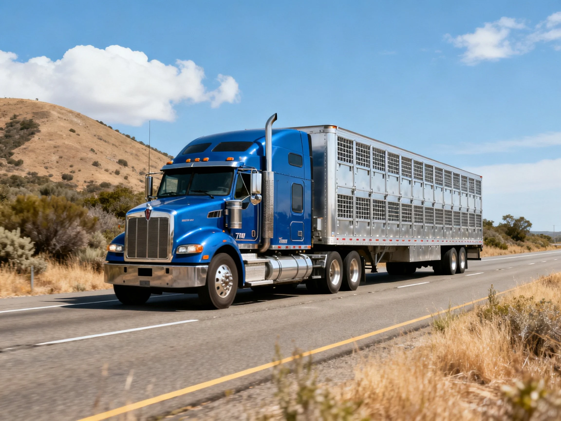 Bright blue semi truck hauling livestock trailer on open highway
