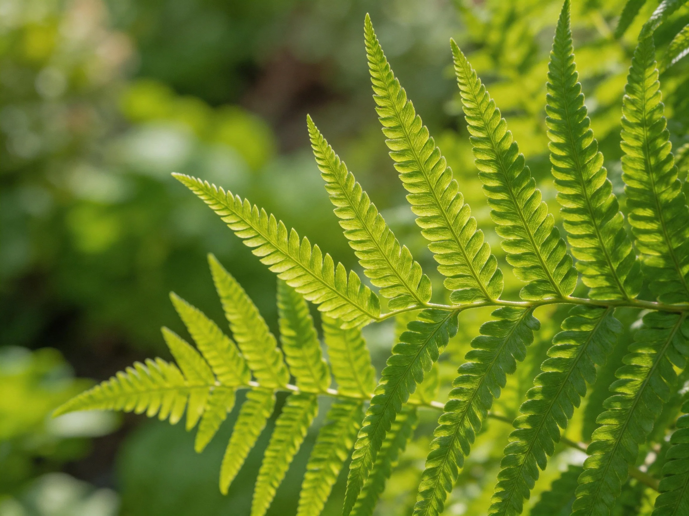 Bright green fern fronds with intricate leaf patterns against blurred green backdrop