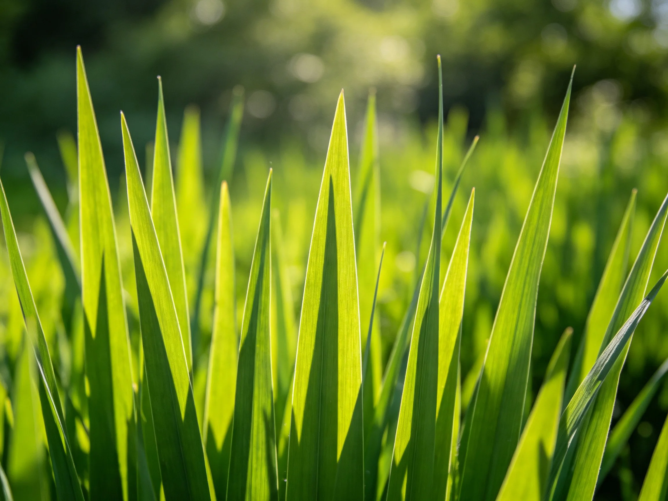 Bright green grass blades bathed in soft sunlight