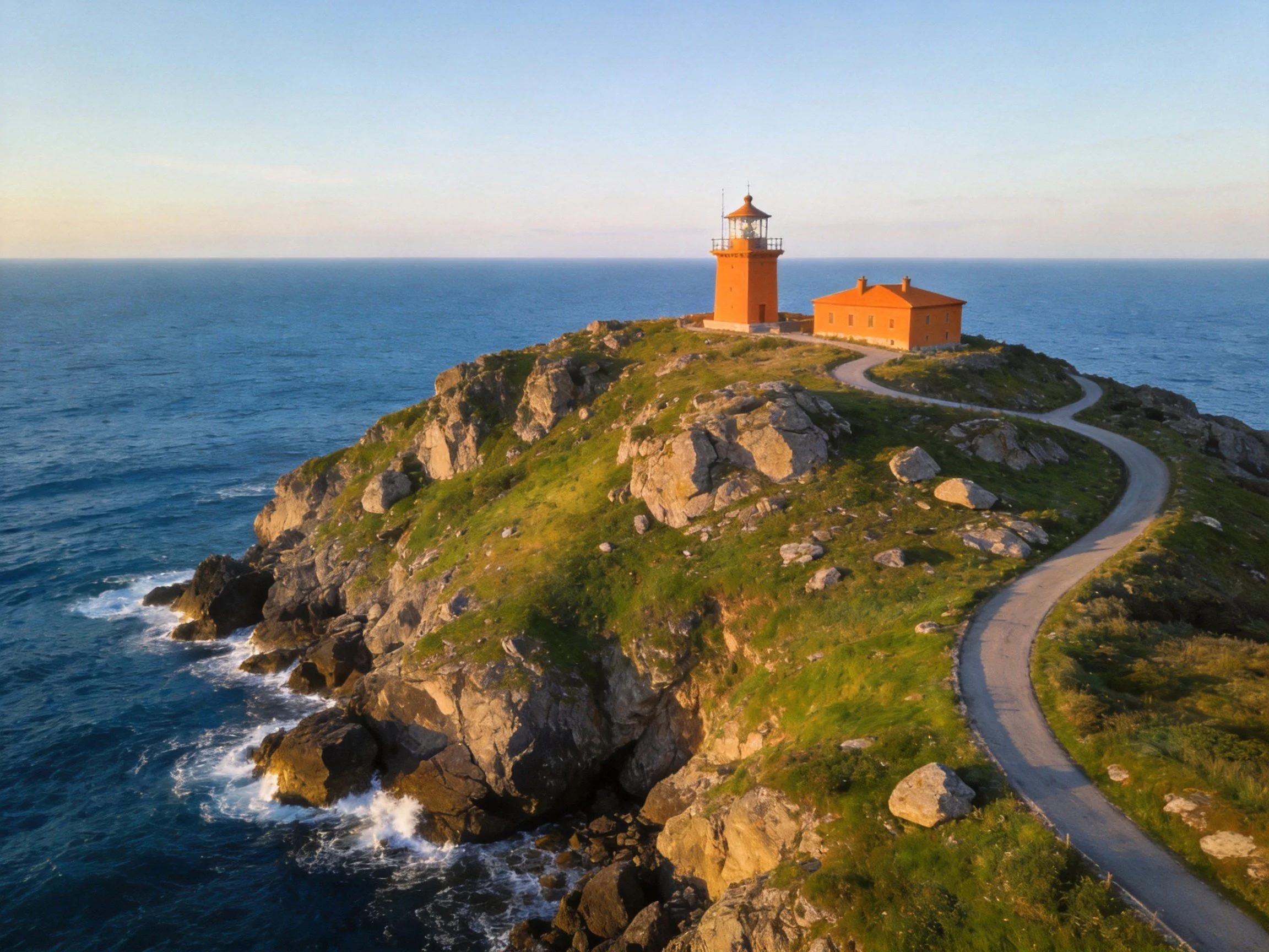 Bright orange lighthouse on rocky coastal cliff with winding path
