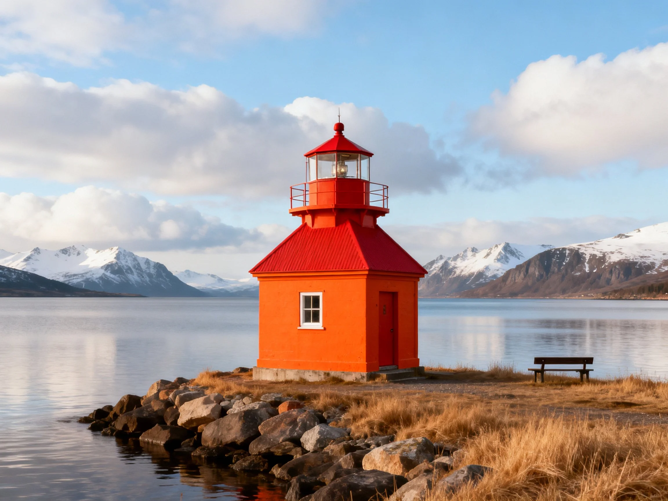 Bright orange lighthouse with red roof by snowy mountain lake